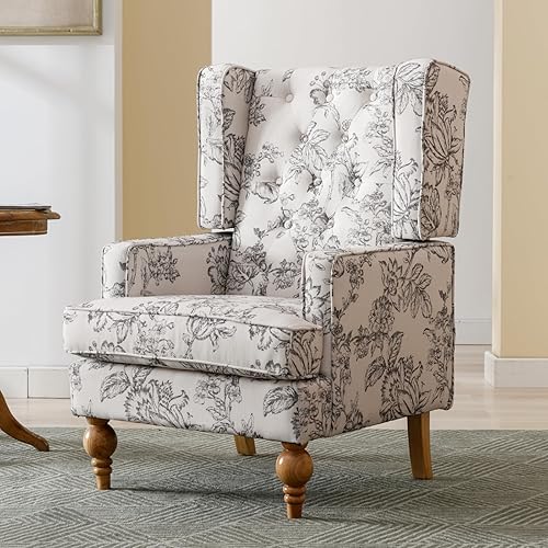 LukeAlon Silla decorativa de lino capitoné con botones, silla de club tapizada con patas de madera, silla de lectura vintage con respaldo alto,