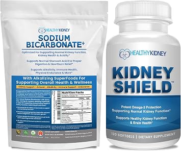 Organic Sodium Bicarbonate Alkaline Supplement Bundle 1LB Powder for Alkalinity, Acid Neutralizer & Kidney Support + 120 Caps Kidney Shield for Kidney Health, Cleanse & Omega 3