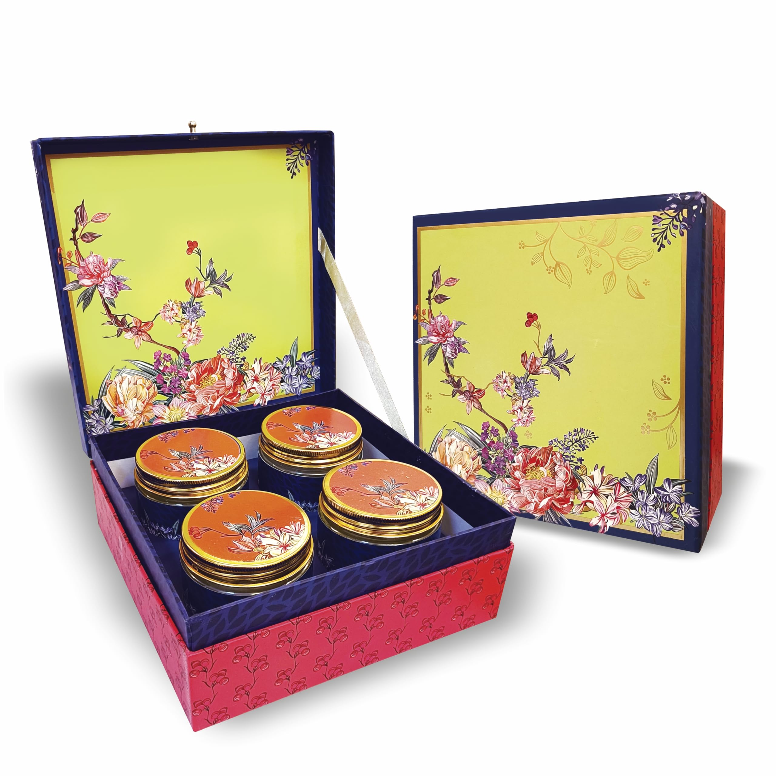 VESTTA -ELEGANCE REDEFINEDGift Box | 9 (L) X 9 (B) x 3.5 (H) Inch | Floral Abstract | Gold Stamping | Designer box with 4 Empty Jars for Diwali, Weddings, Christmas, Corporate Gift Hampers