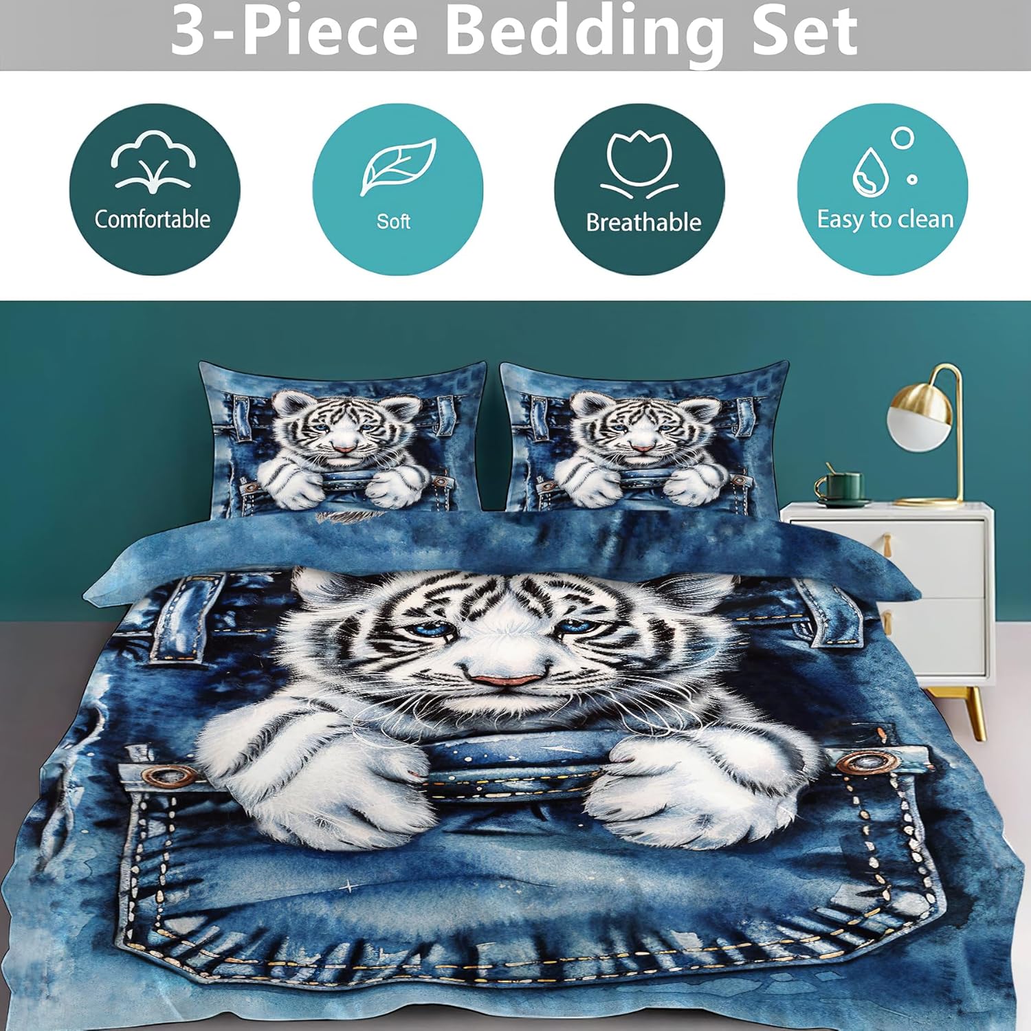 Tiger Bedding Set 3 Pieces Full Twin King Queen Size Tiger Duvet Cover Set Comforter Cover Sets with 2 Pillowcases for Boys Girls Teens Men Women Twin