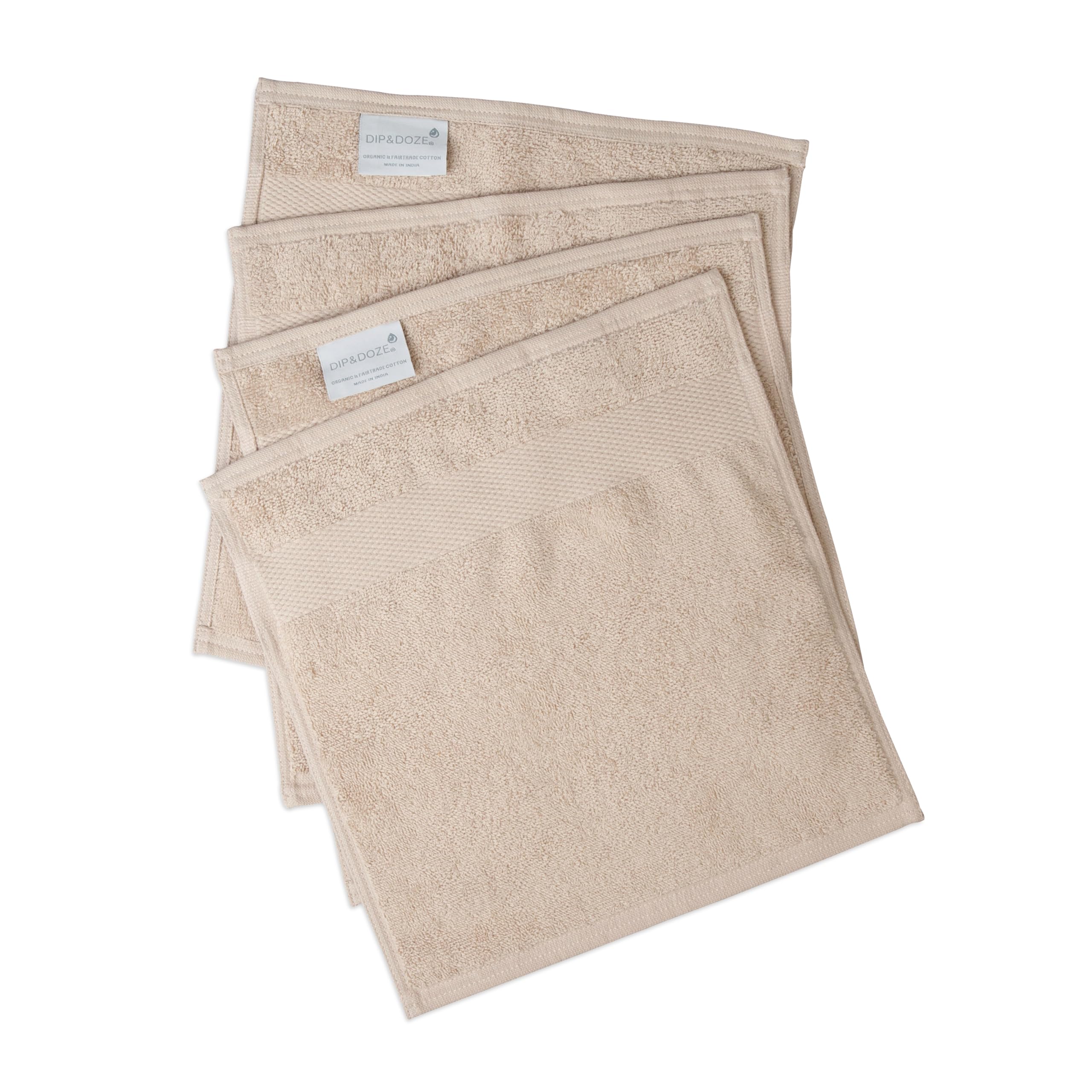 DIP & DOZE Luxury 100% Organic Cotton Face Cloth Flannel Finger Tip Towels | 2 Pack or 4 Pack | Super Soft Absorbent Washcloths | Flax - 4 Pack