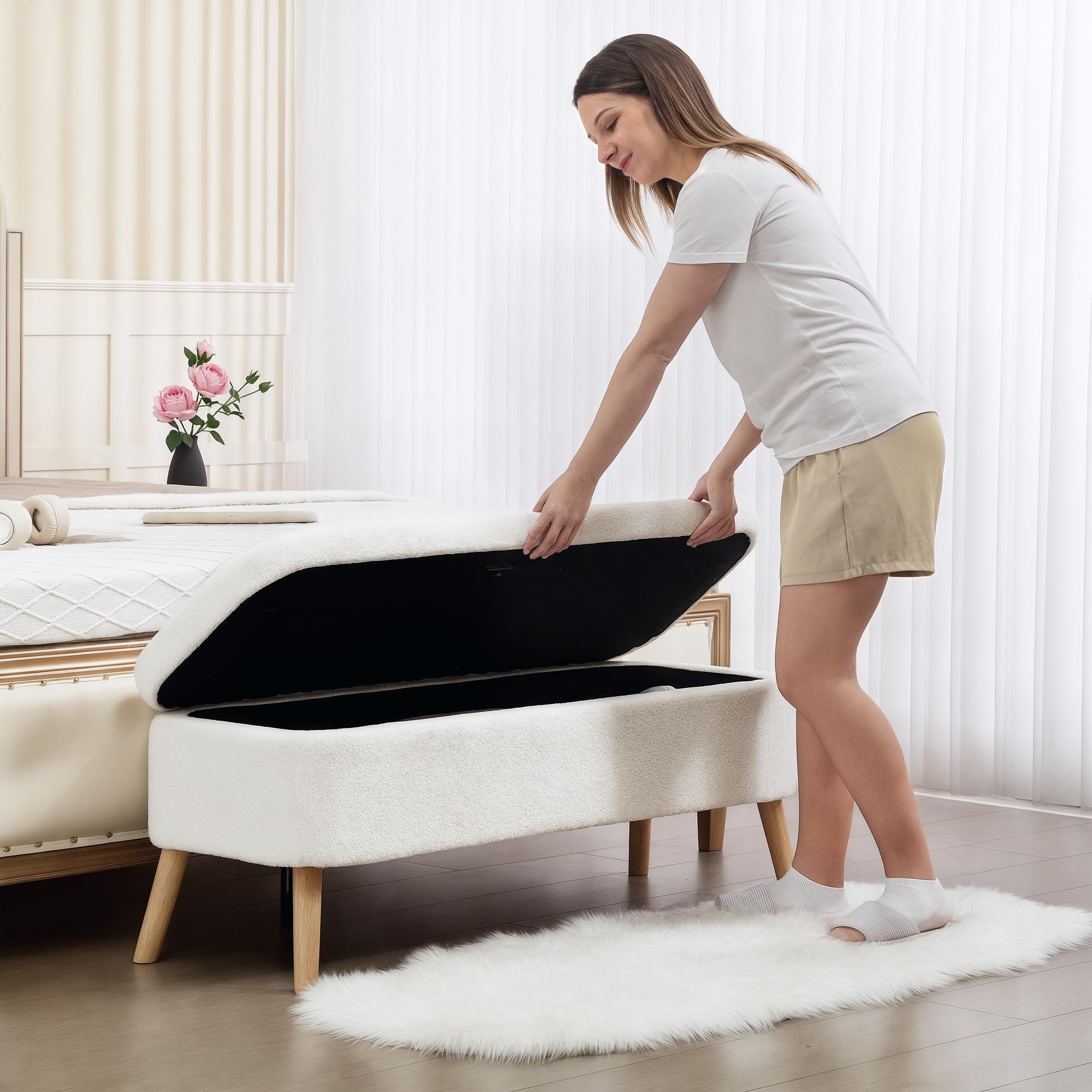 HOMCOM Banco con cojín almacén, Patas Madera, 120x42x45, Blanco Crema | Aspecto vellón teddy, banco con almacén, banco cama, para sala, dormitorio, pasillo.