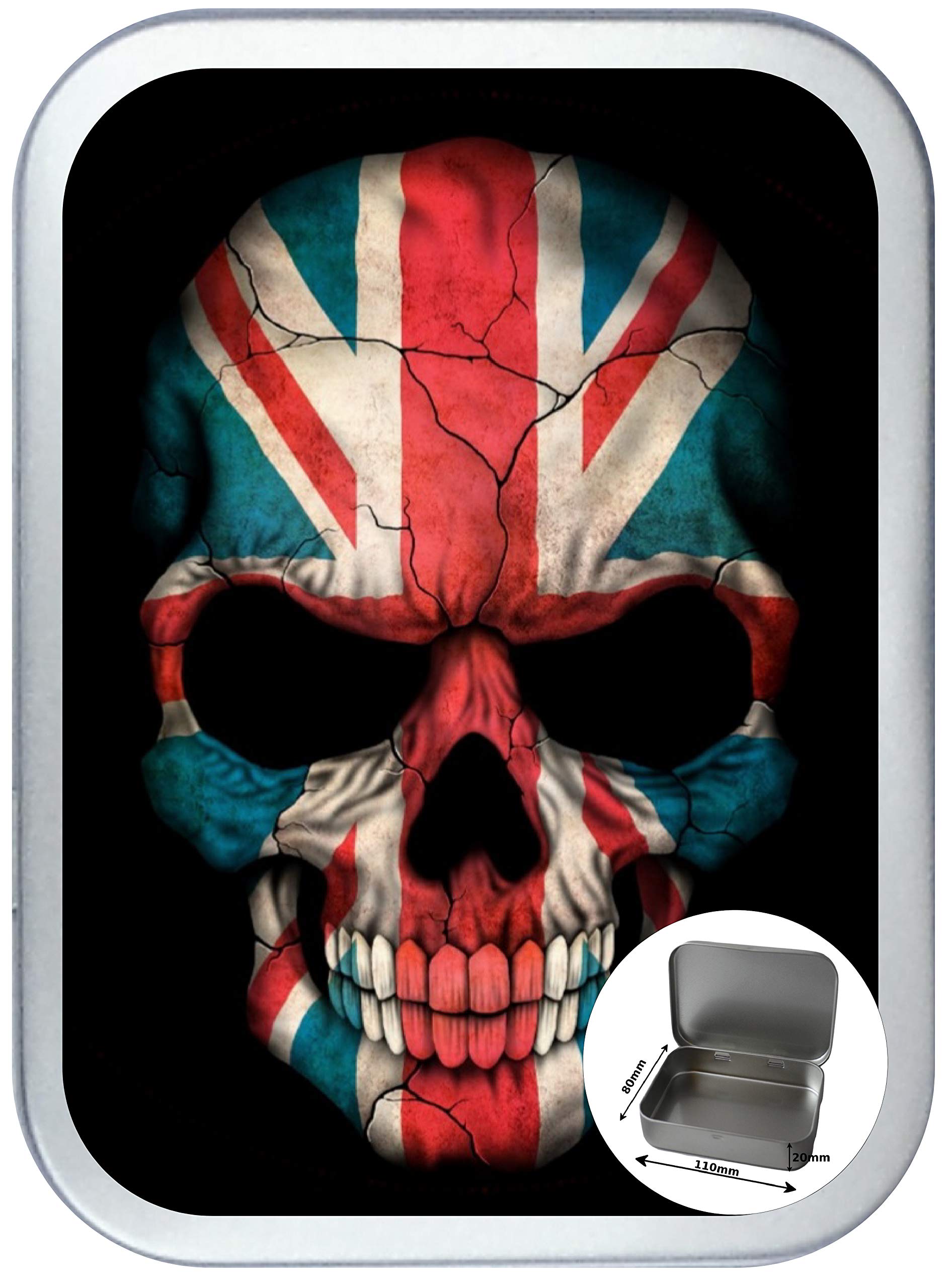 TEEZ Union Jack Skull 150ml Silver Hinged Tobacco Tin, Hinged 2oz Tobacco Tin