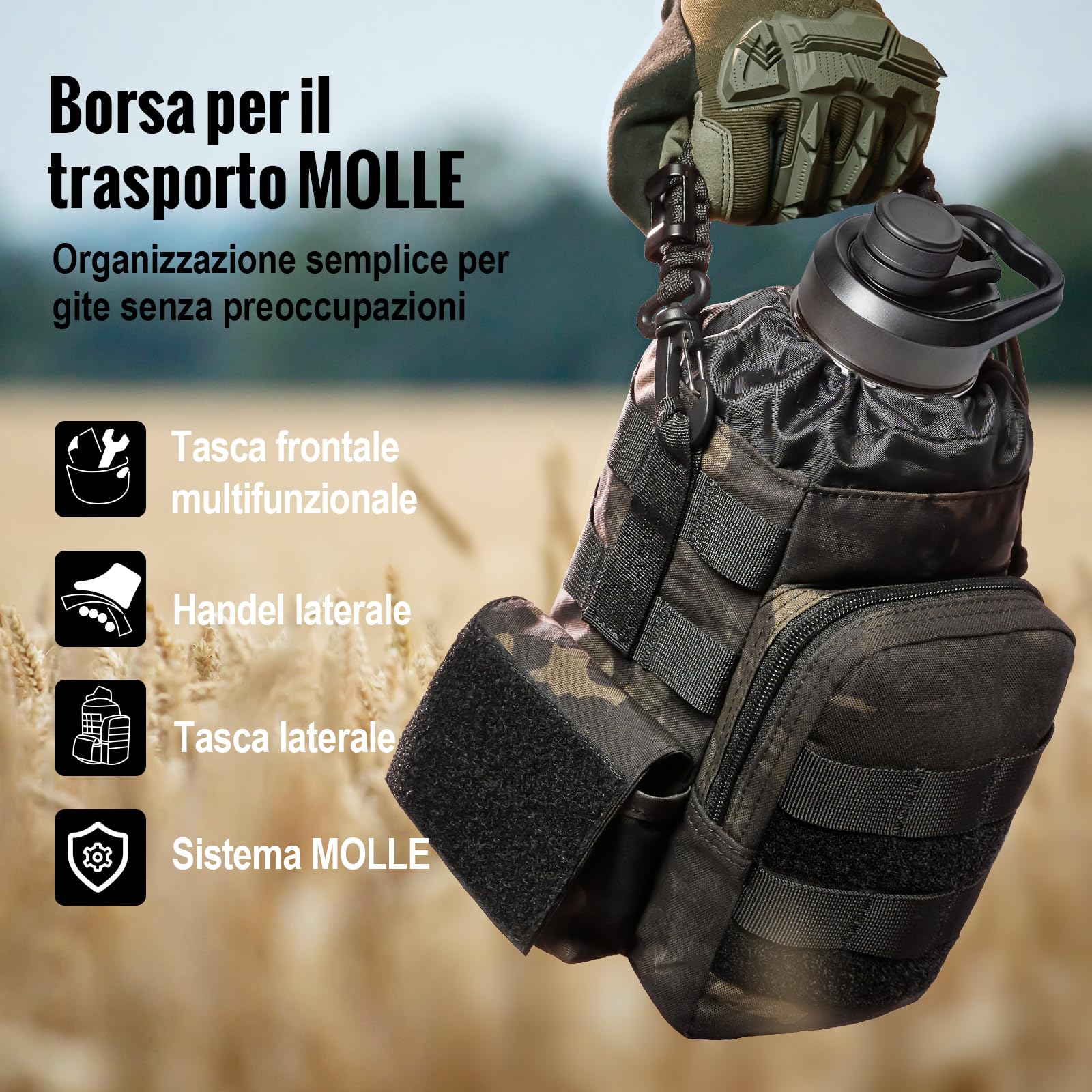 OneTigris Borraccia in acciaio inox 1,9L, alta capacità, borraccia sportiva con buon effetto isolante per bicicletta, campeggio, yoga, palestra, softair, nero, 64 OZ
