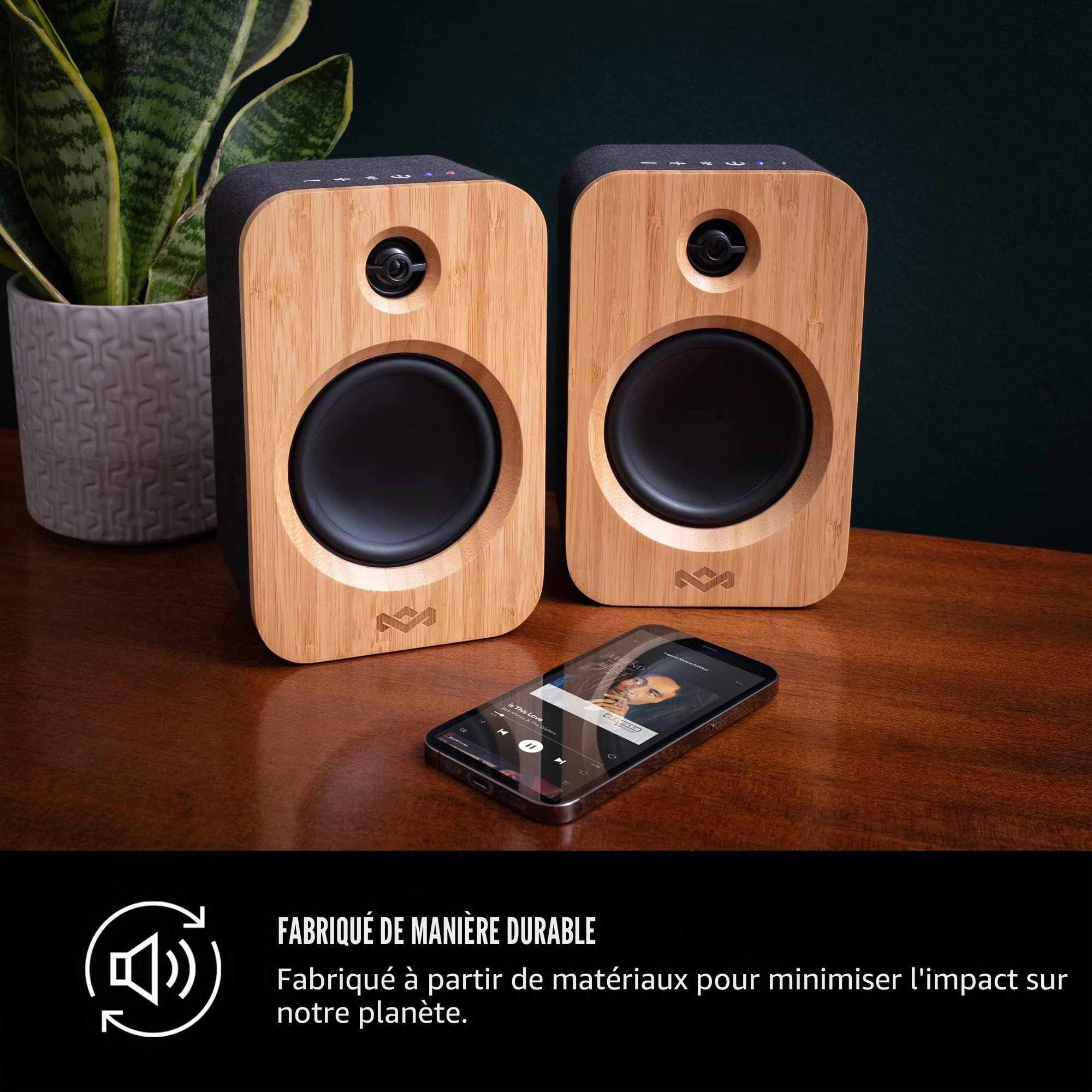 House of Marley Get Together Duo Enceintes Bibliothèque - Enceintes Bluetooth avec Entrée AUX, Compatibles avec Platine Vinyle - Enceinte Active Haute Définition, Conception Durable
