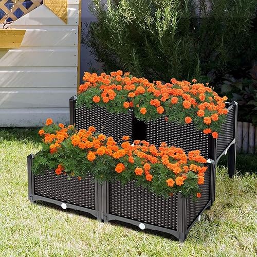 Miniatura 7 de Renatone - Juego de 4 camas de jardín elevadas con patas, caja elevada con diseño de riego automático, contenedor de plástico para exteriores para