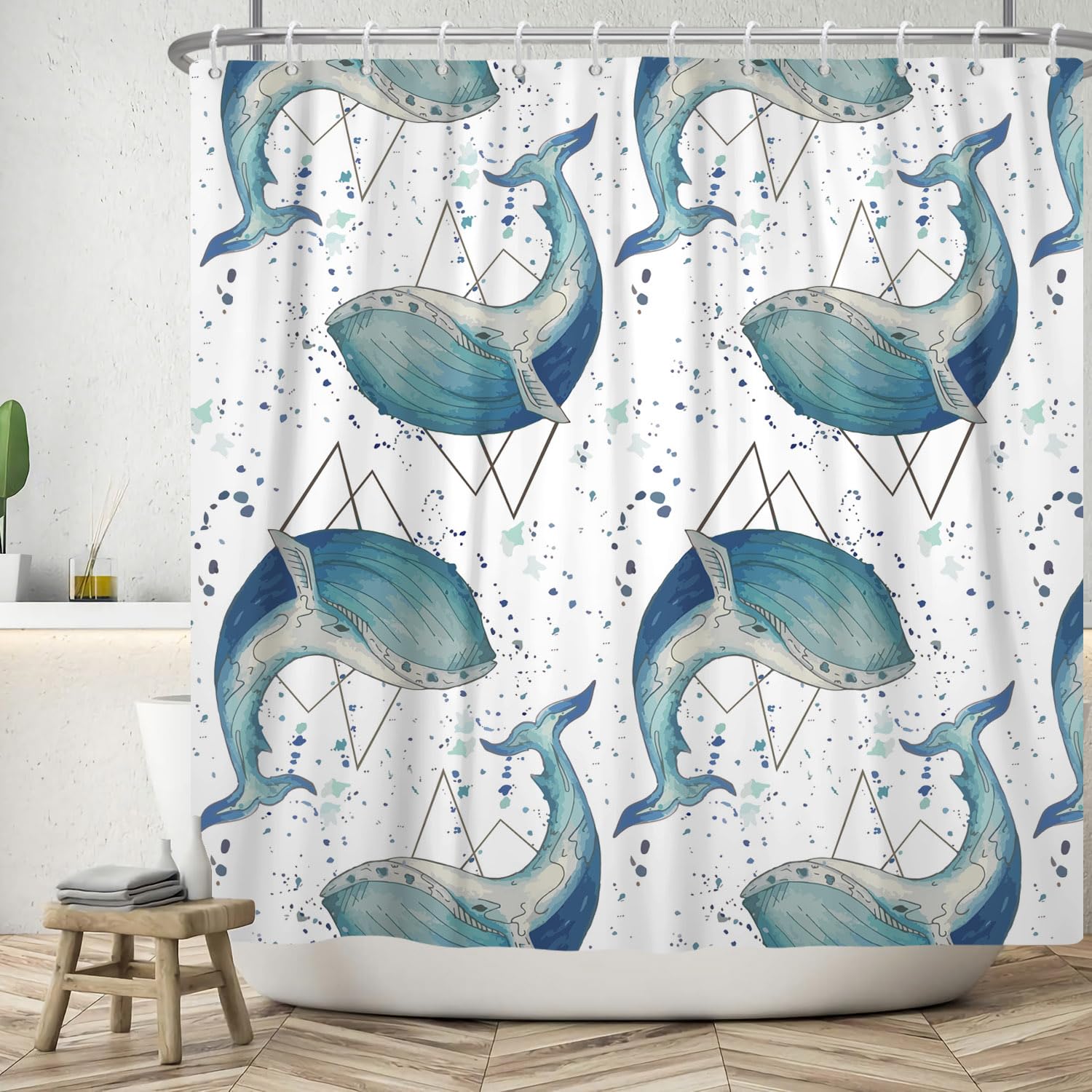 ASDCXZ Fish Shower Curtain 90x180 cm, Modern Art Watercolor Blue Whale Summer White Bath Washable Shower Curtains Polyester Textile Waterproof Shower Curtain for Bathtub with 6 Hooks — image 1