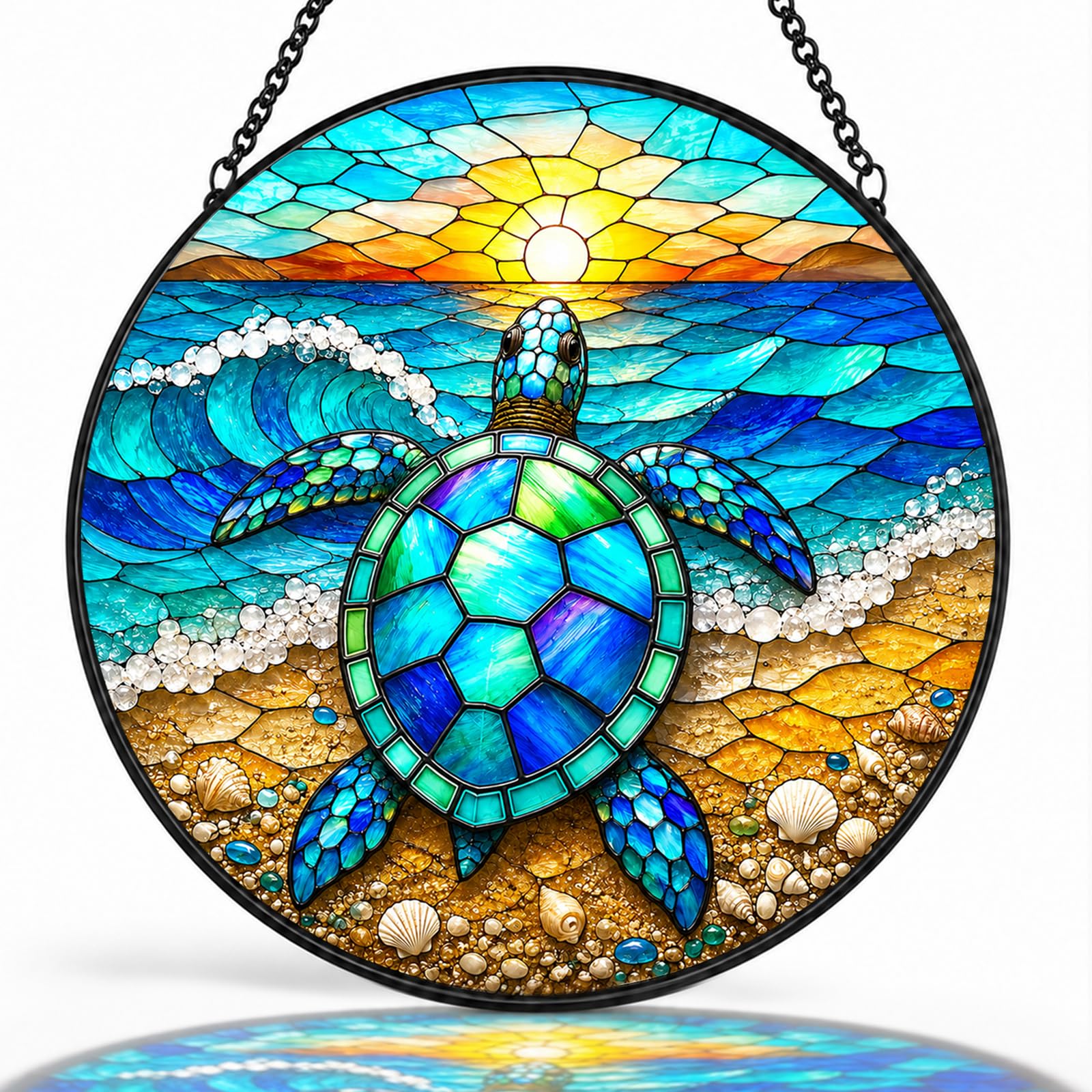 Sunset Turtle Window Hanging Suncatcher, 7.8" Stained Glass Sun Catcher, Home Wall Garden Decor, Mother's Day Birthday