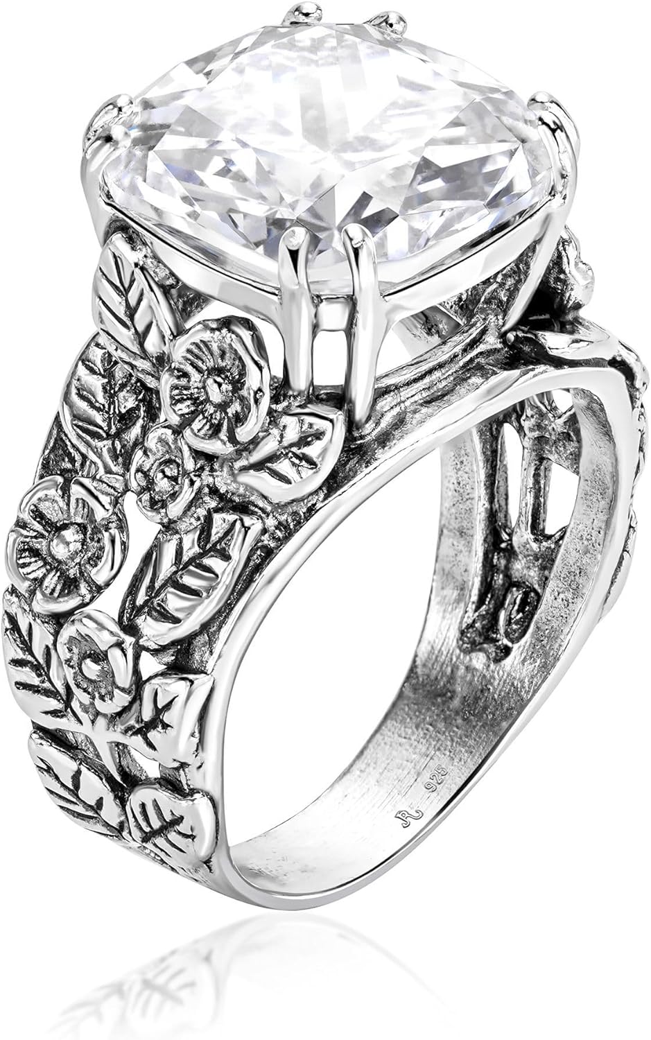 JEAN RACHEL JEWELRY 925 Sterling Silver Ring with Cushion Shaped Cubic Zirconia - Floral Leaf Vintage Design - Hypoallergenic, Lead & Nickel Free - Artisan Handcrafted Statement Rings for Women