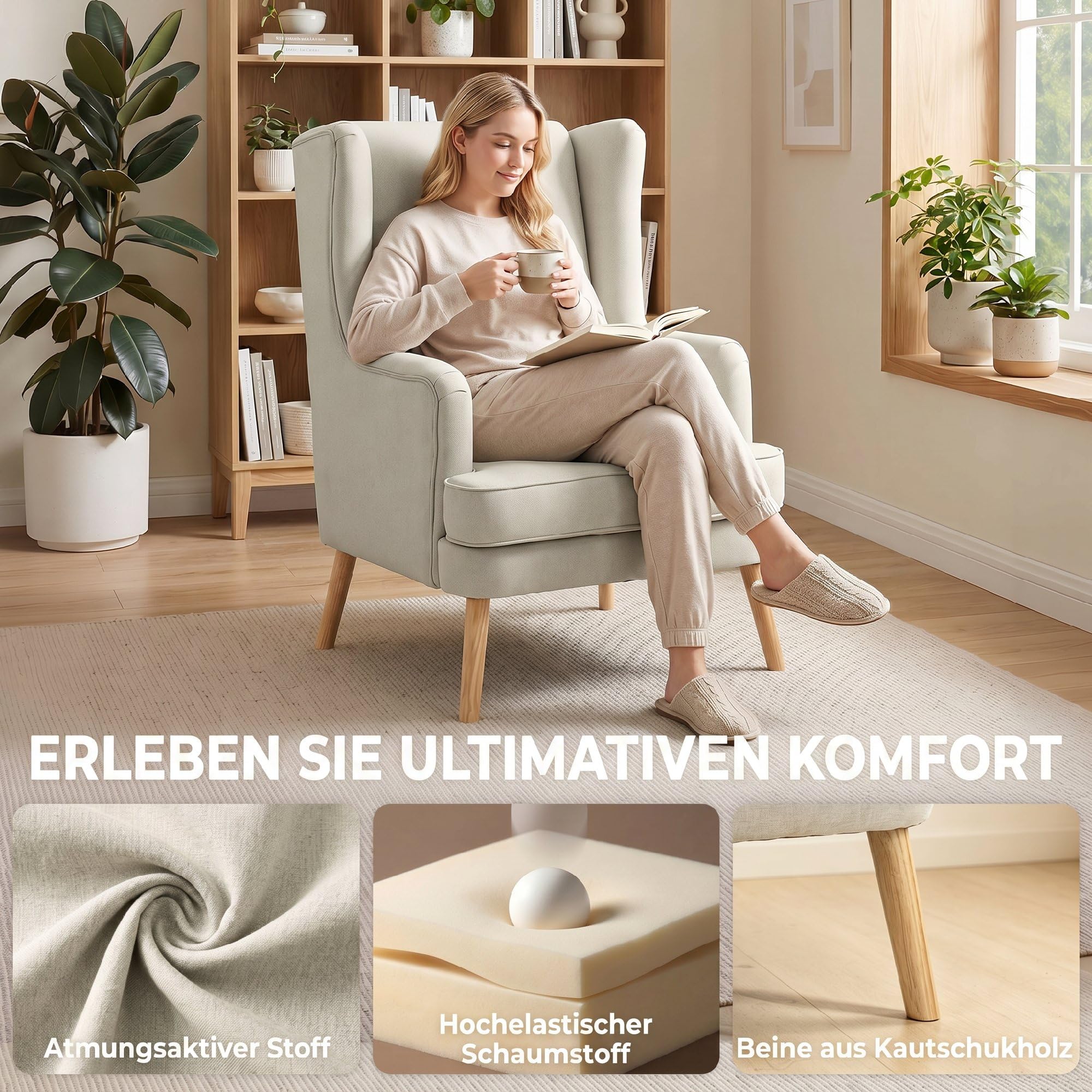 HOMCOM Ohrensessel mit Lendenkissen Hoher Rückenlehne Breitem Sitz Beige