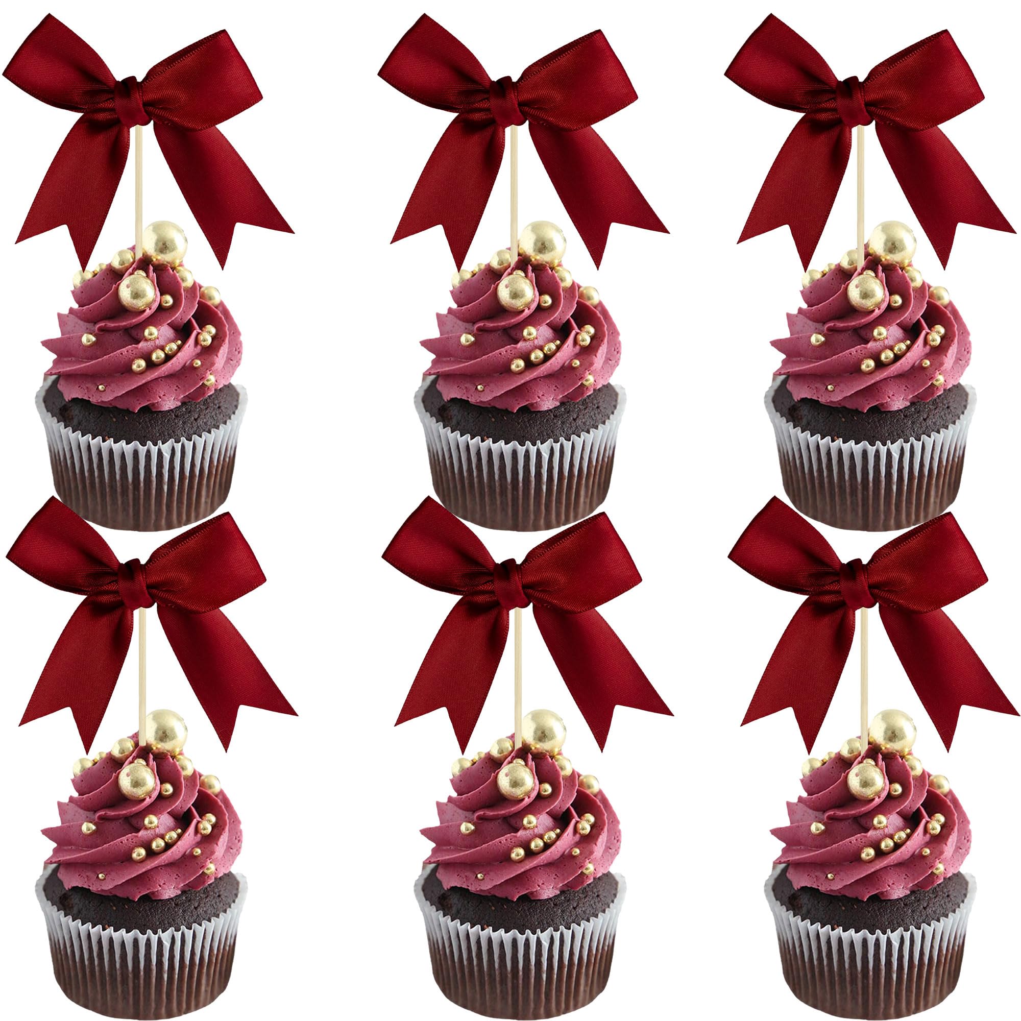 Gyfise 24Pcs Bow Cupcake Toppers Bowknot Coquette Bow Girls Birthday Cake Decorations Bowknot Cupcake Picks for Baby Shower Birthday Wedding Bridal Engagement Party Supplies Wine Red