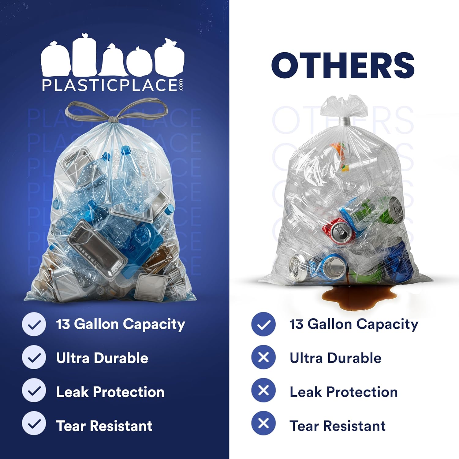 Plasticplace 13 Gallon Trash Bags │ 1.0 Mil │ Clear Extra Tall Drawstring Garbage Can Liners │ 24" x 31" (200 Count)