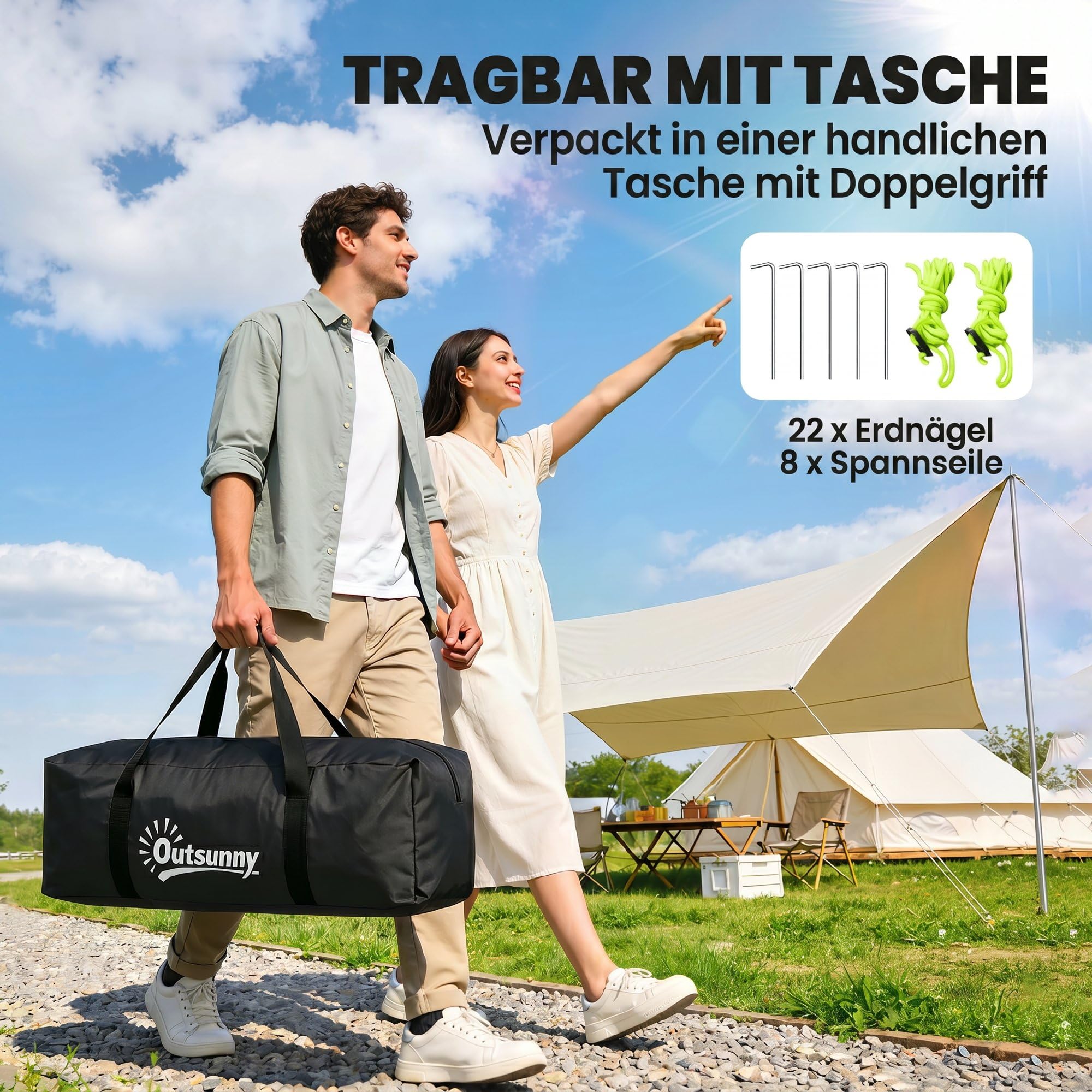 Outsunny Campingzelt für 3 Personen leicht, stabil Familienzelt mit Tür Fenster, Packtasche, groß Tunnelzelt mit 2000mm Wassersäule Zelt für Camping Reise Trekking Garten