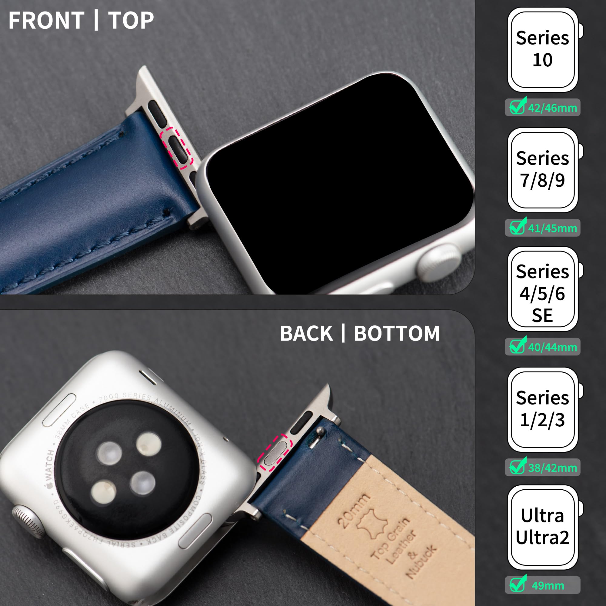 Bracelet Cuir Compatible avec Apple Watch 49mm 46mm 45mm 44mm 42mm 41mm 40mm 38mm, Bracelets Montre Cuir Véritable Remplacement pour iWatch Series 11 10 9 8 7 6 5 4 3 2 1 SE3/2/1 Ultra3/2/1