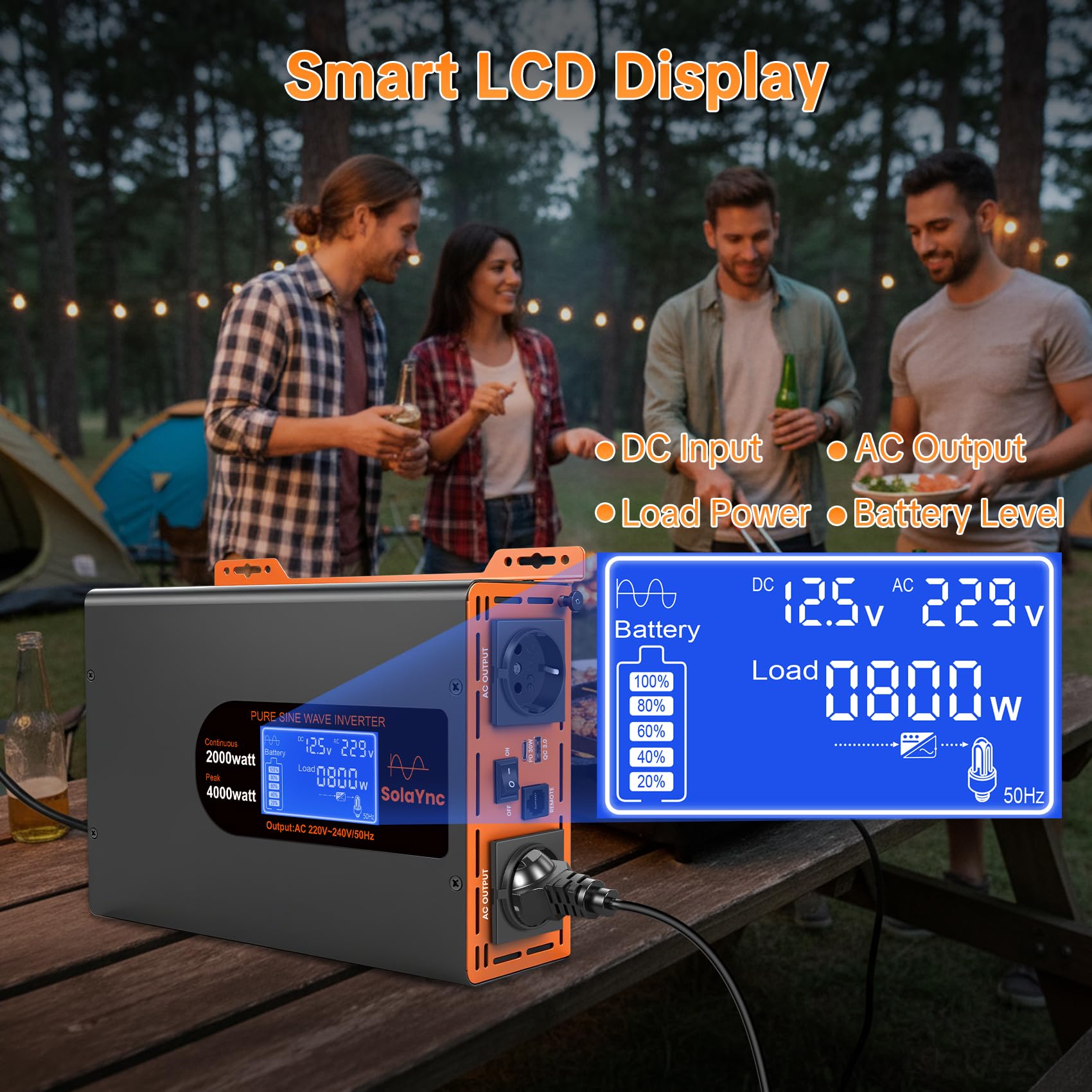 Inverter 2000W/4000W 12V 220/230V Onda Sinusoidale Pura,2 EU Presa,Porta Type-C da 30W e porta USB, telecomando LCD schermo LCD,Adatto per Elettrodomestici, Camper Campeggio