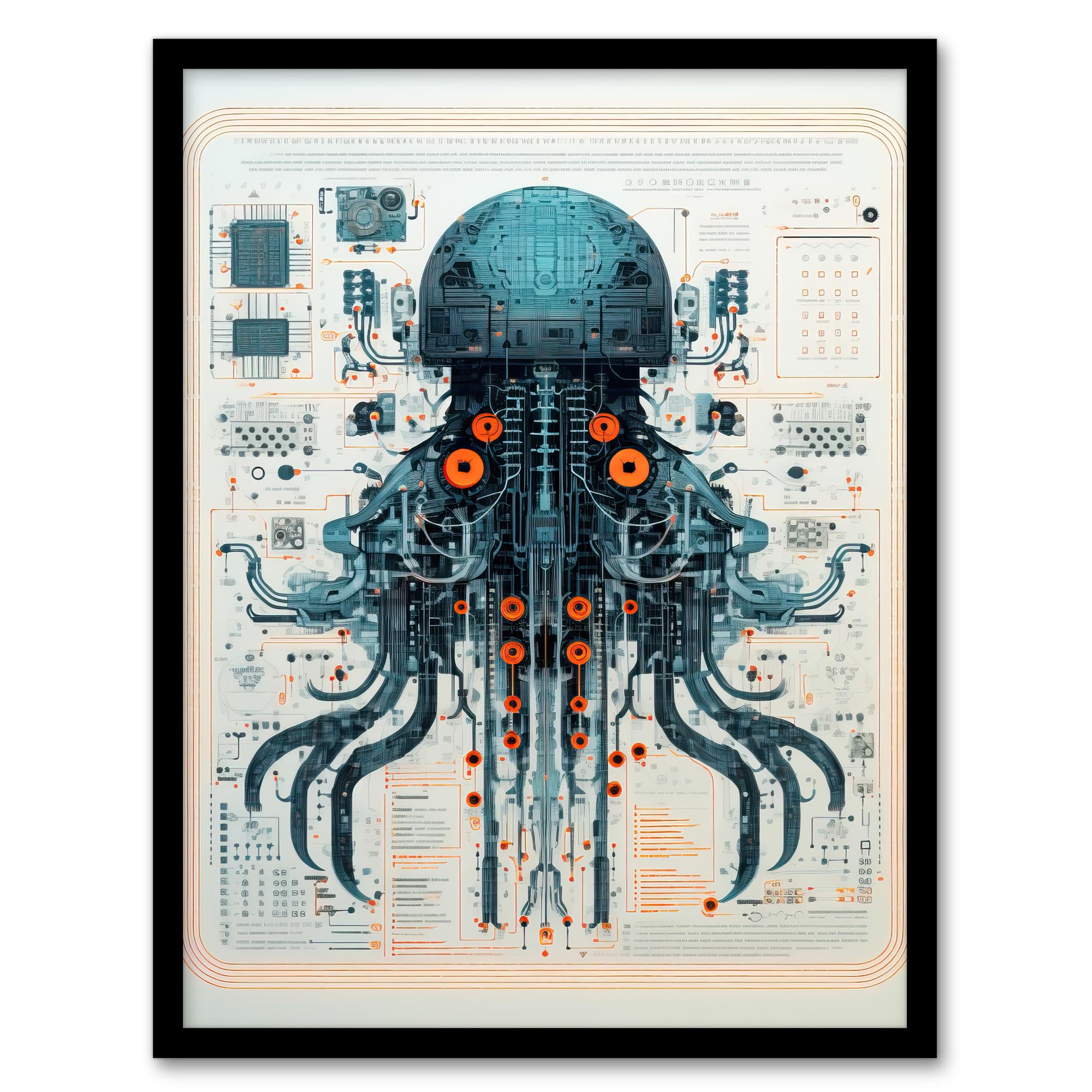 Artery8 Weapons Grade Jellyfish Robot Hybrid Secret Military Schematic Blueprint Futuristic Complex Arcane Manuscript Gift For Him Man Cave Artwork Framed Wall Art Print A4