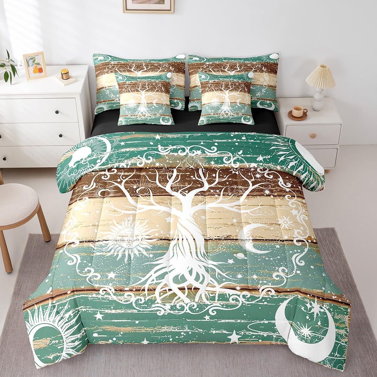 Sun and Moon Bed in a Bag Kids Teens Tree of Life Bedding Set, Rustic Farmhouse Queen Comforter Set 7pcs Psychedelic Stars Bedding Comforter Sets, Vintage Barn Door Bed Sheets Set (Blue Green Brown)
