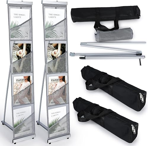 Outus Estante de exhibición de revista de soporte de literatura de 2 piezas con 4 bolsillos, portátil de malla enrollable plegable con bolsa de