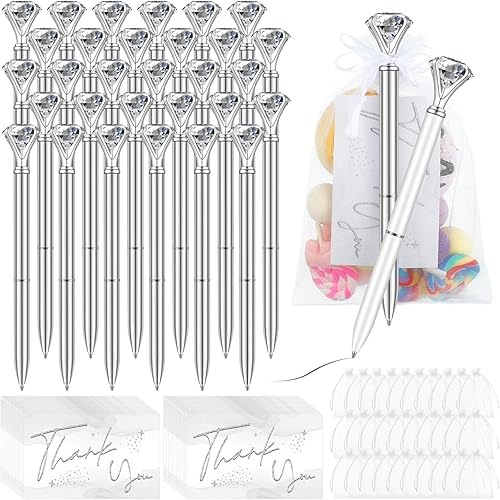 Yeaqee Juego de 91 bolígrafos de diamante para despedida de soltera, 31 bolígrafos de cristal de boda, 30 bolsas de organza, 30 tarjetas, bolígrafo
