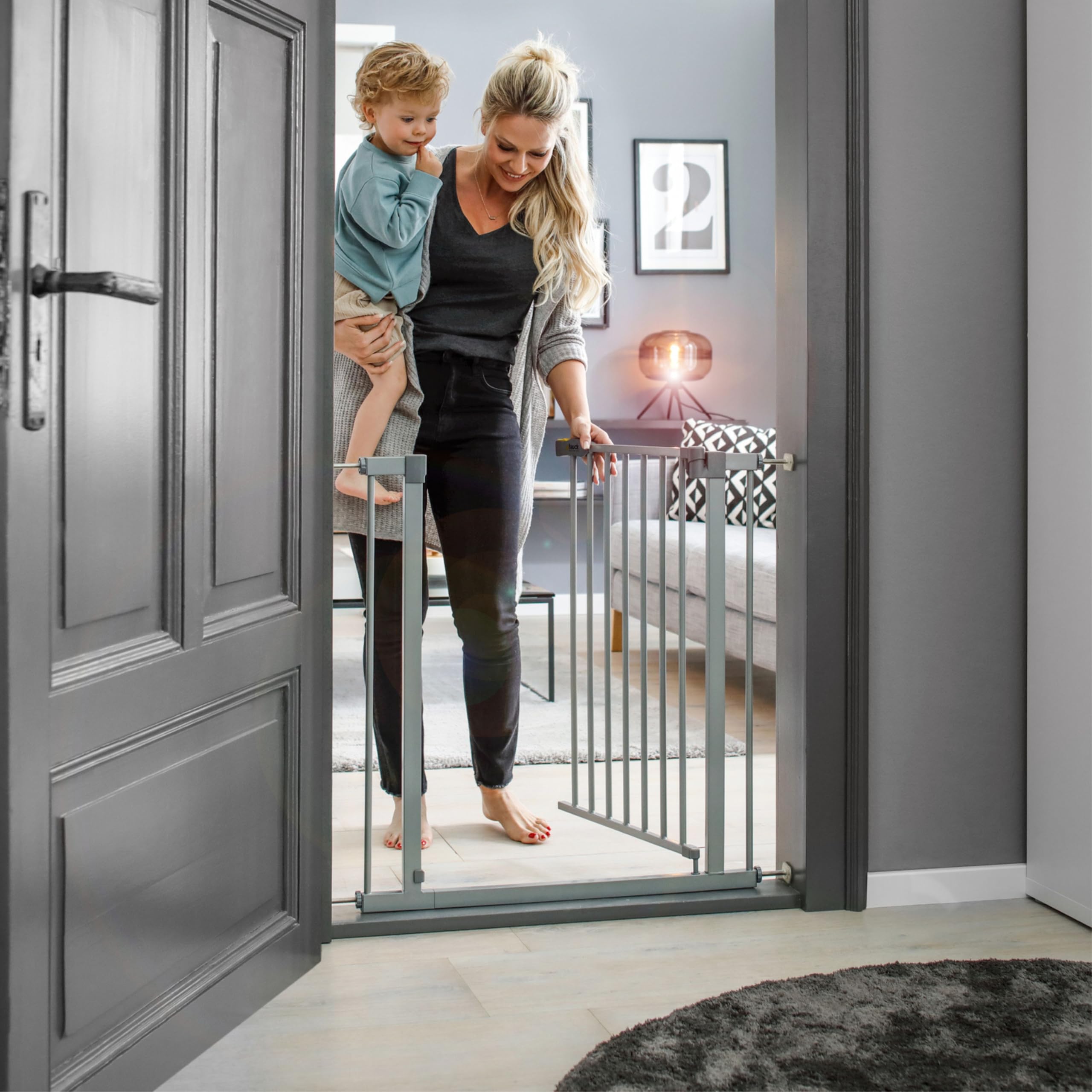 hauck Barriere de Securite Enfant Porte et Escalier et Barriere Chien Stop N Safe 2 incl. Extension de 9 cm, pour Largeur de 84 à 89 cm, Sans Percage - Usage Intérieur, Métal Gris