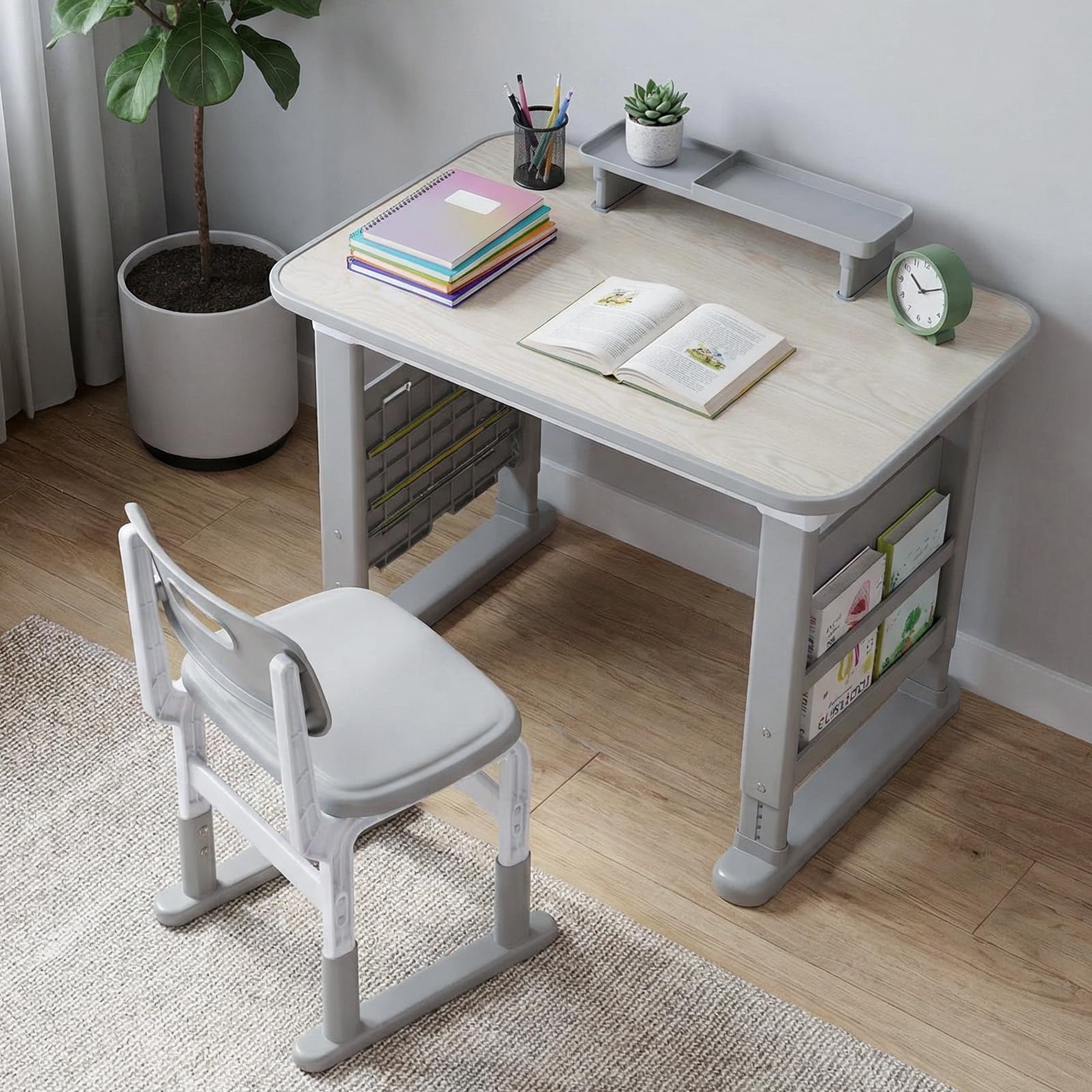 MAMIZO Höhenverstellbarer Kinderschreibtisch mit Stuhl Set, Graffiti-Tisch von 3-12 Jahren, Schreibtisch Kinder mit Seiten-Bücherregal & Ablagekasten, Ideal für Kinderzimmer & Arbeitszimmer (Grau)