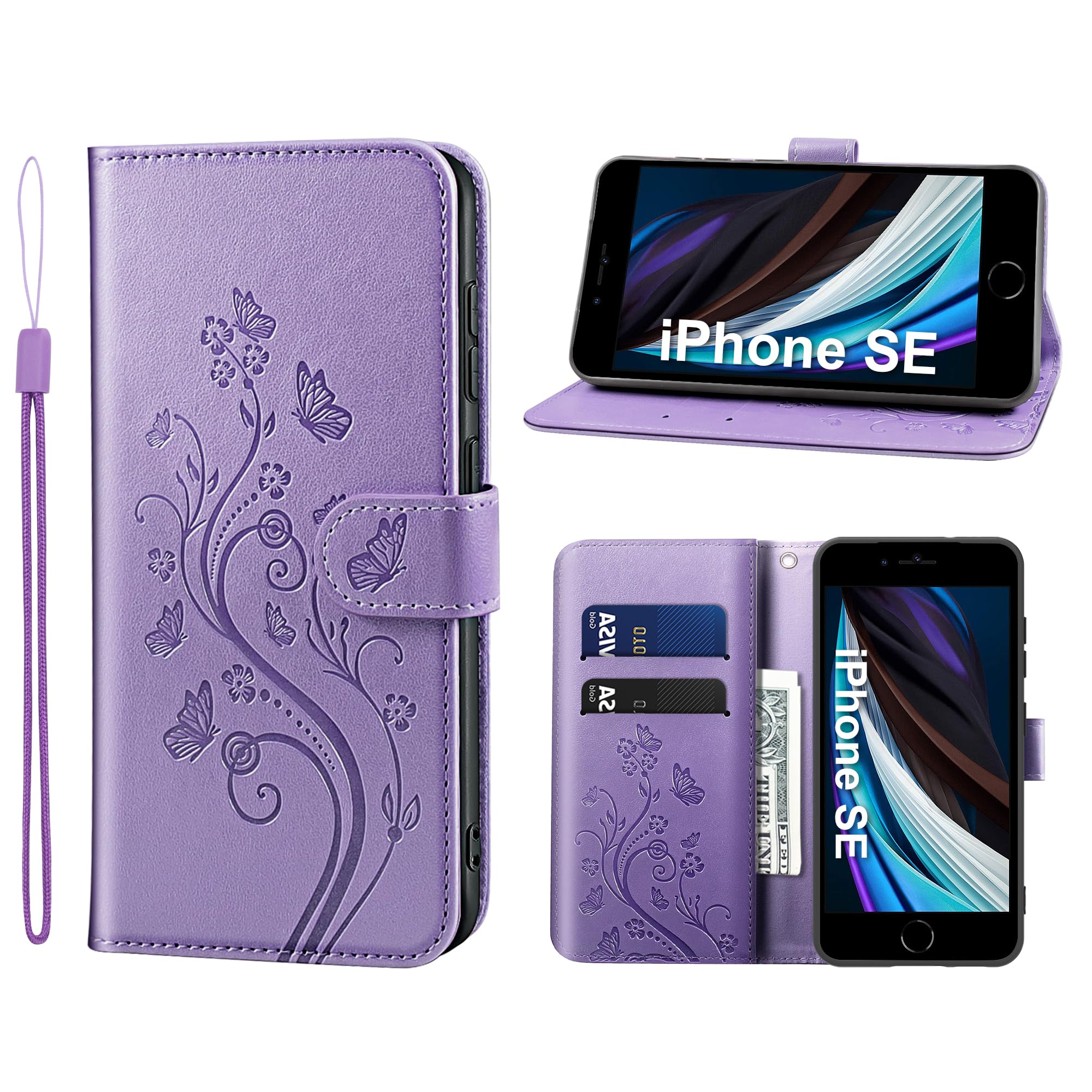 KRAFTCARE Lederhülle für iPhone 7/8/SE Klapphülle Leder Hülle | Premium PU Leder mit Prägung, Kartenfach, Ständer, Magnetic Closure, RFID Blockierung, Flip Wallet Handyhülle, Lila