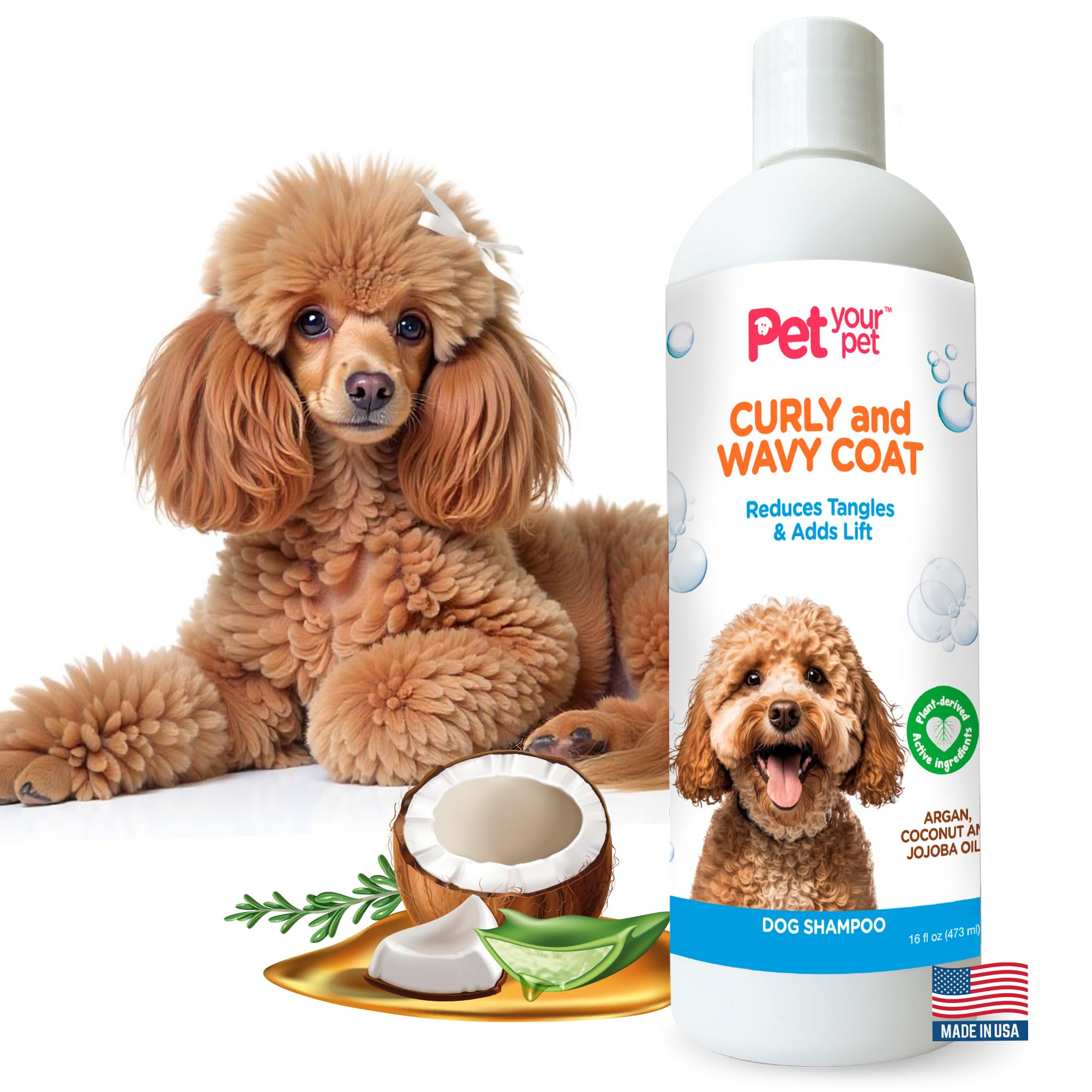 Natural Dog Shampoo for Curly & Wavy Coats – Hydrating & Tangle-Reducing Wash with Argan, Coconut & Jojoba Oils – Deodorizing for Poodles,