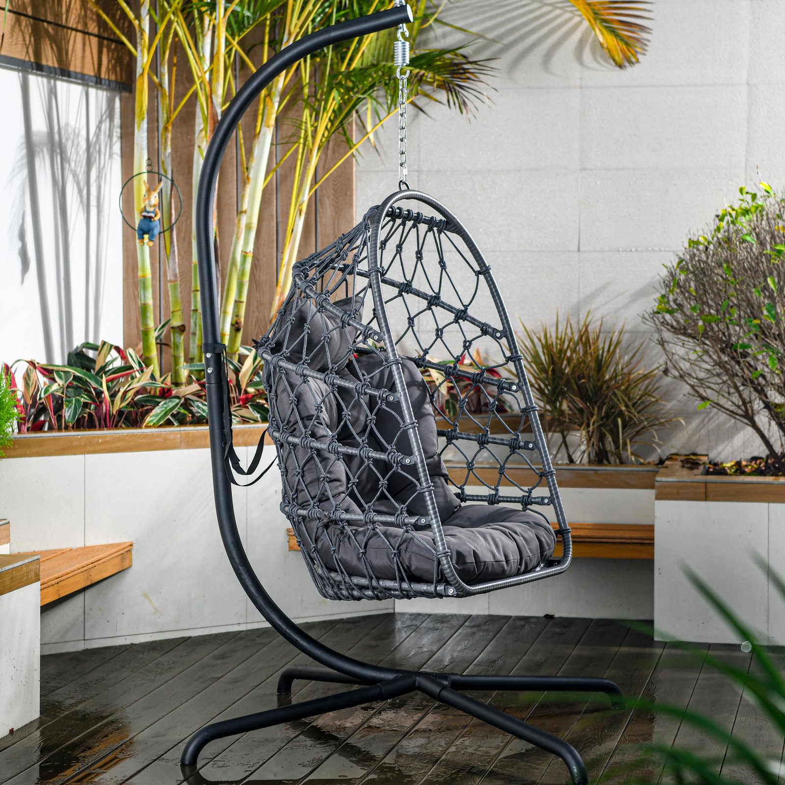 LKINBO Polyrattan Hängesessel mit Gestell Outdoor Indoor, Korb Hängestuhl Rattan Hanging Chair Wetterfest Hängeschaukel Gartenschaukel bis 195 kg, Dunkelgrau