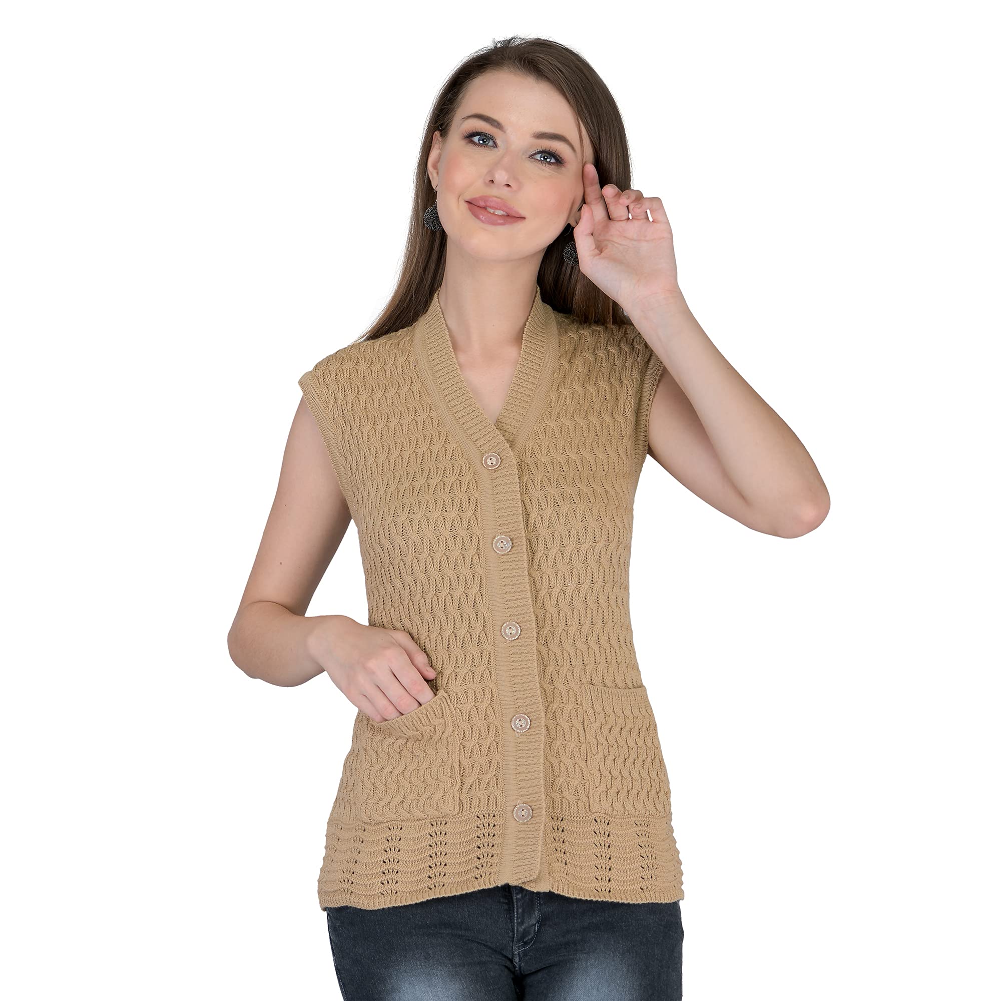 lady willington Women Woolen V-Neck Cardigan Sleeveless Self Design Cardigan Daffodil Fabric Winter Wear Pure Wool Cardigan 100% Daffodil Free Size Cotty Fully Warm with Front Pockets-picture-46