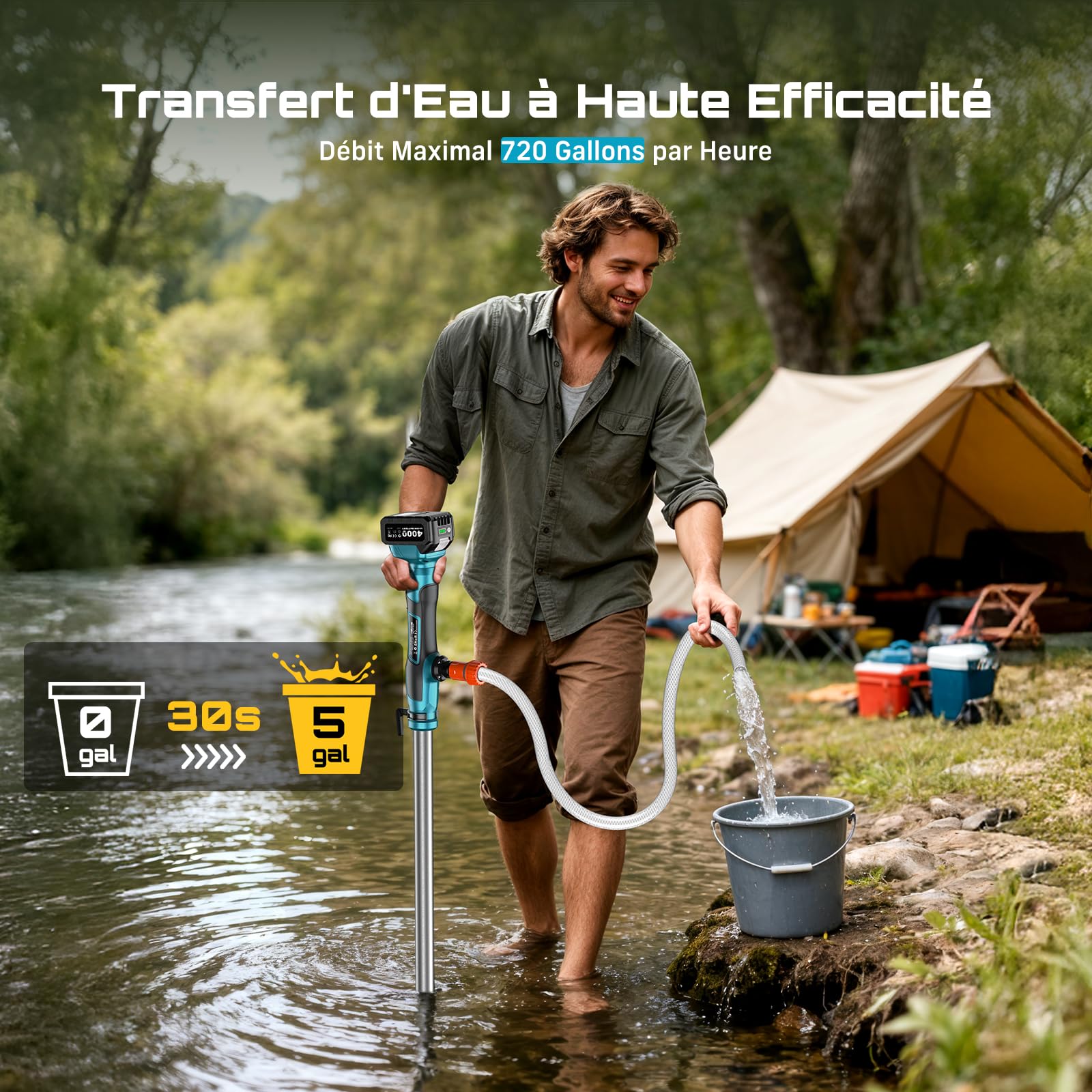 SEESII Pompe de Transfert d'Eau Sans Fil, avec Batterie 4000mAh 21V et Chargeur, 720GPH, Hauteur de Refoulement de 32 Pieds, Pompe Portative avec Sortie de 3/4 Pouce pour Vidange de Piscine/Jardin
