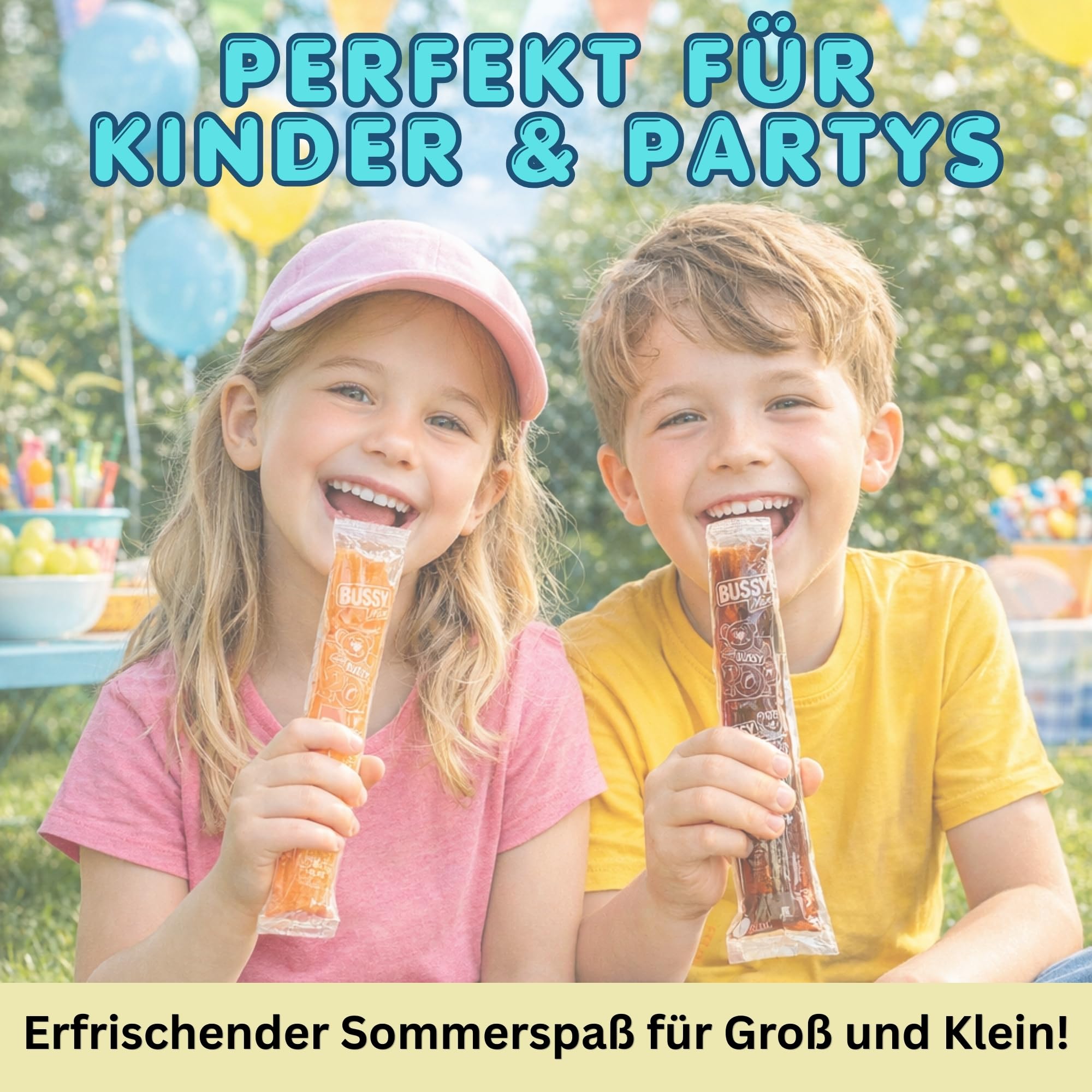 Bussy Mix 100x 70ml Schleck-Drinks Wassereis zum Einfrieren verschiedene Sorten Party Eis für Kinder Sommer