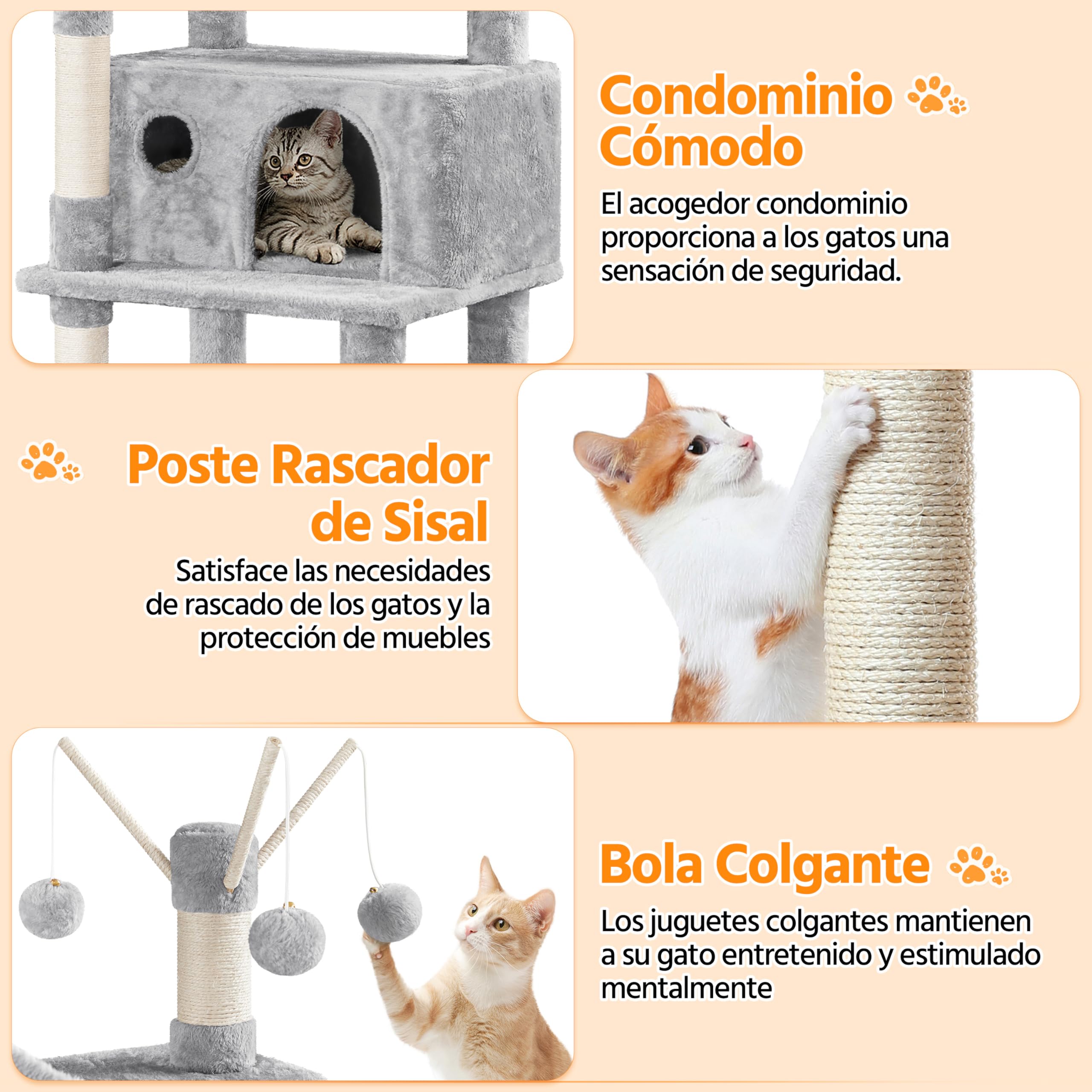 Yaheetech Rascador para Gatos Mascotas con Hamaca Plataforma Cueva Bolas de Juego Canasta 55.5x45.5x170 cm Gris Claro
