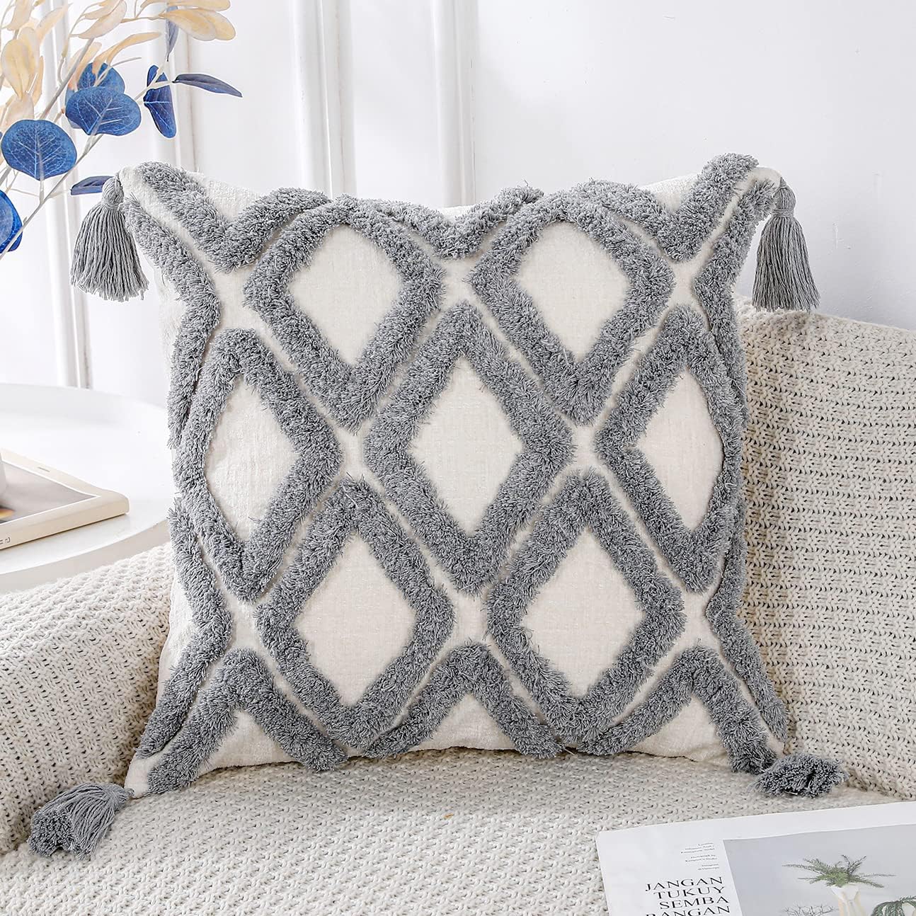 PANOD Super Soft Farmhouse Decorative Plush Throw Pillow Covers 24 x 24 Grey,Solid Diamond Pattern Tufted with Tassels Modern Accent Boho Square Cushion Cover Pillow Case for Couch Sofa