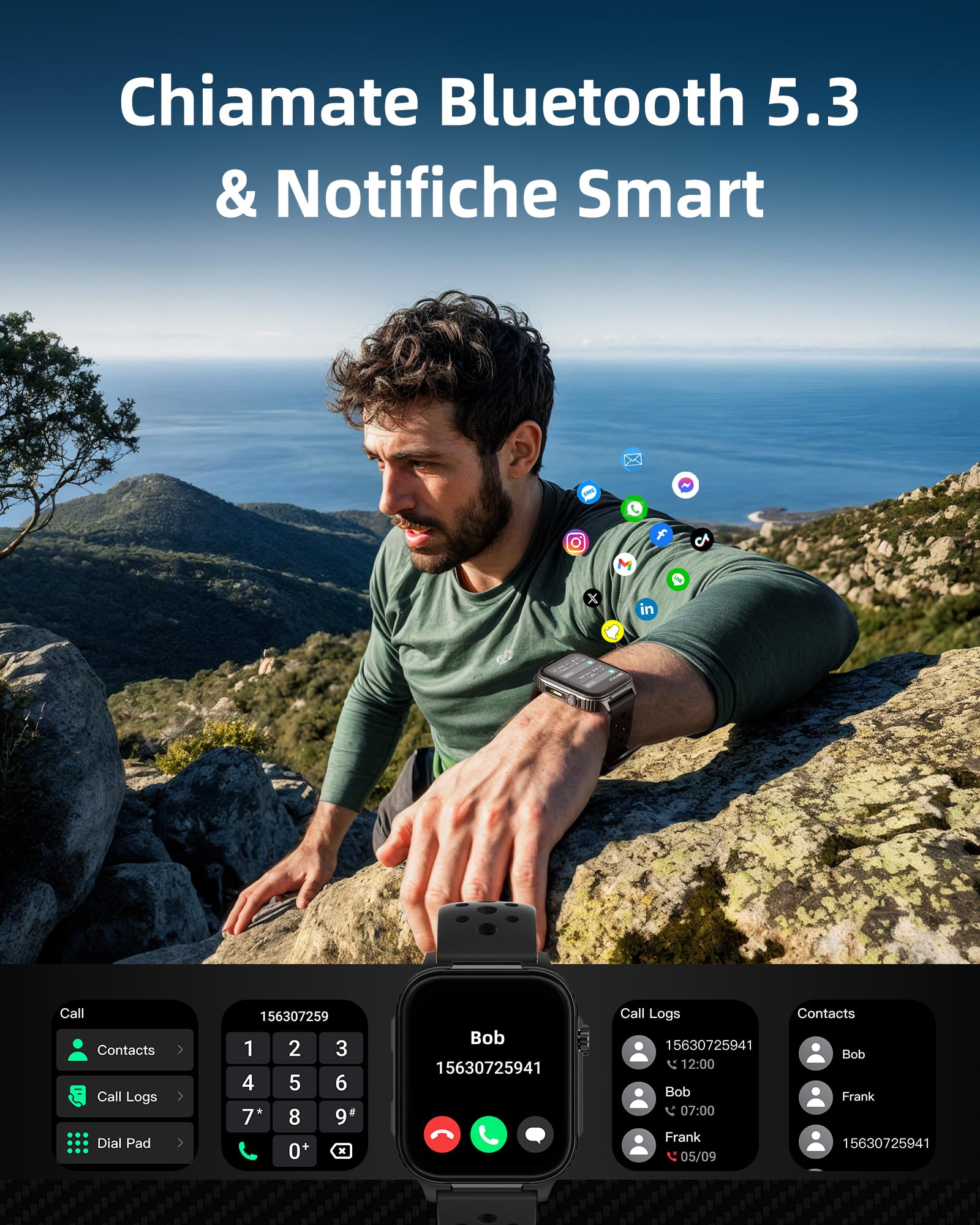 Parsonver Smartwatch Uomo con GPS Integrato, 10 Giorni Batteria, Bussola | Orologio Fitness con Chiamate Bluetooth, 100+ Sportive, Frequenza Cardiaca, Sonno, Fitness Watch per iOS Android, Nero, 1.95"