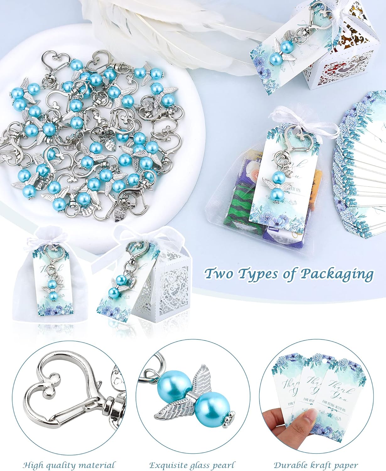 100 Pcs Baby Shower Favors for Boys, Angel Keychains Favor Baptism Favor Boxes White Organza Bags with Drawstring Thank You Tags for Baby Shower Baptism Party Gift, 25 Sets (Blue)