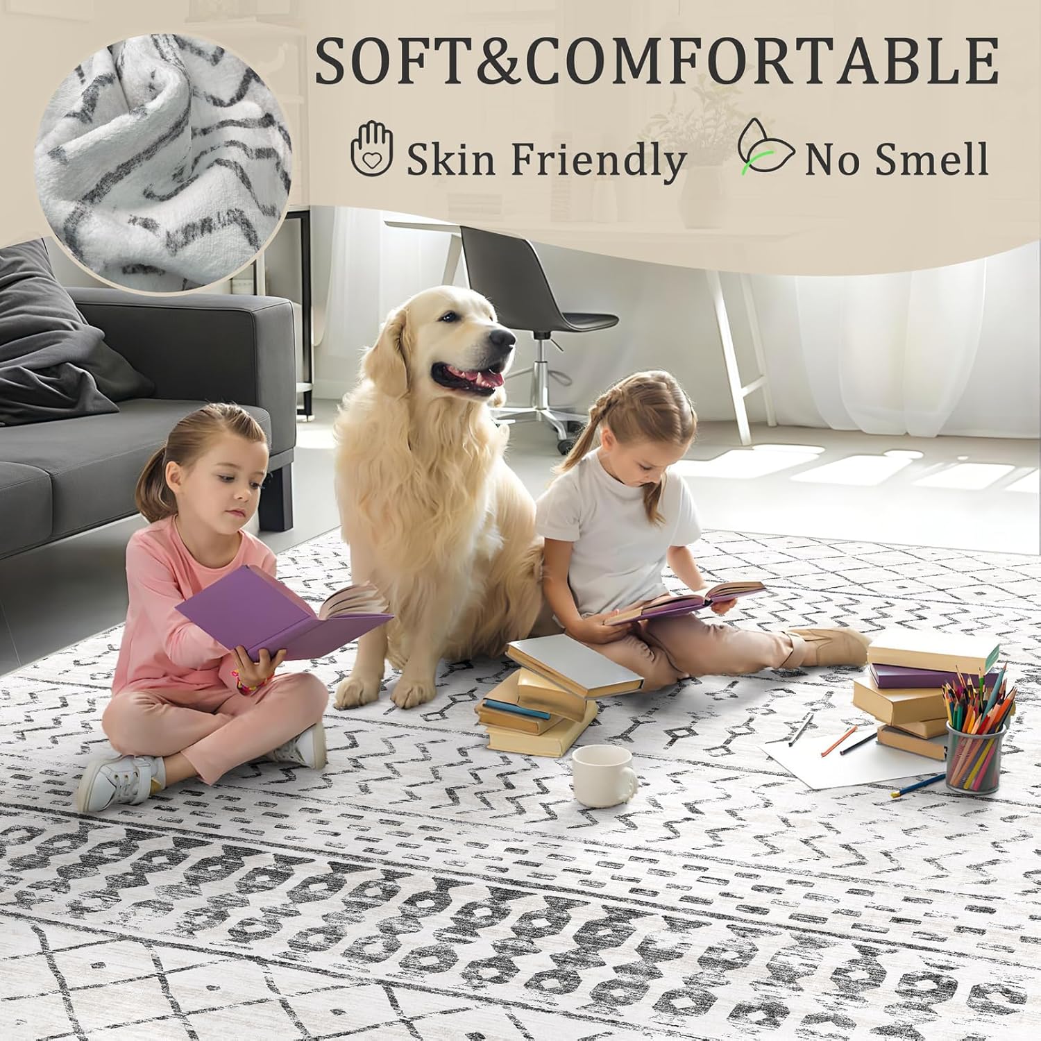 8x10 Machine Washable Area Rug for Living Room, Grey White Vintage Moroccan Rug Large Non-Slip Low Pile Soft Faux Wool Carpet, Kids and Pets Friendly for Bedroom Dining Room Farmhouse Home Decor Rug