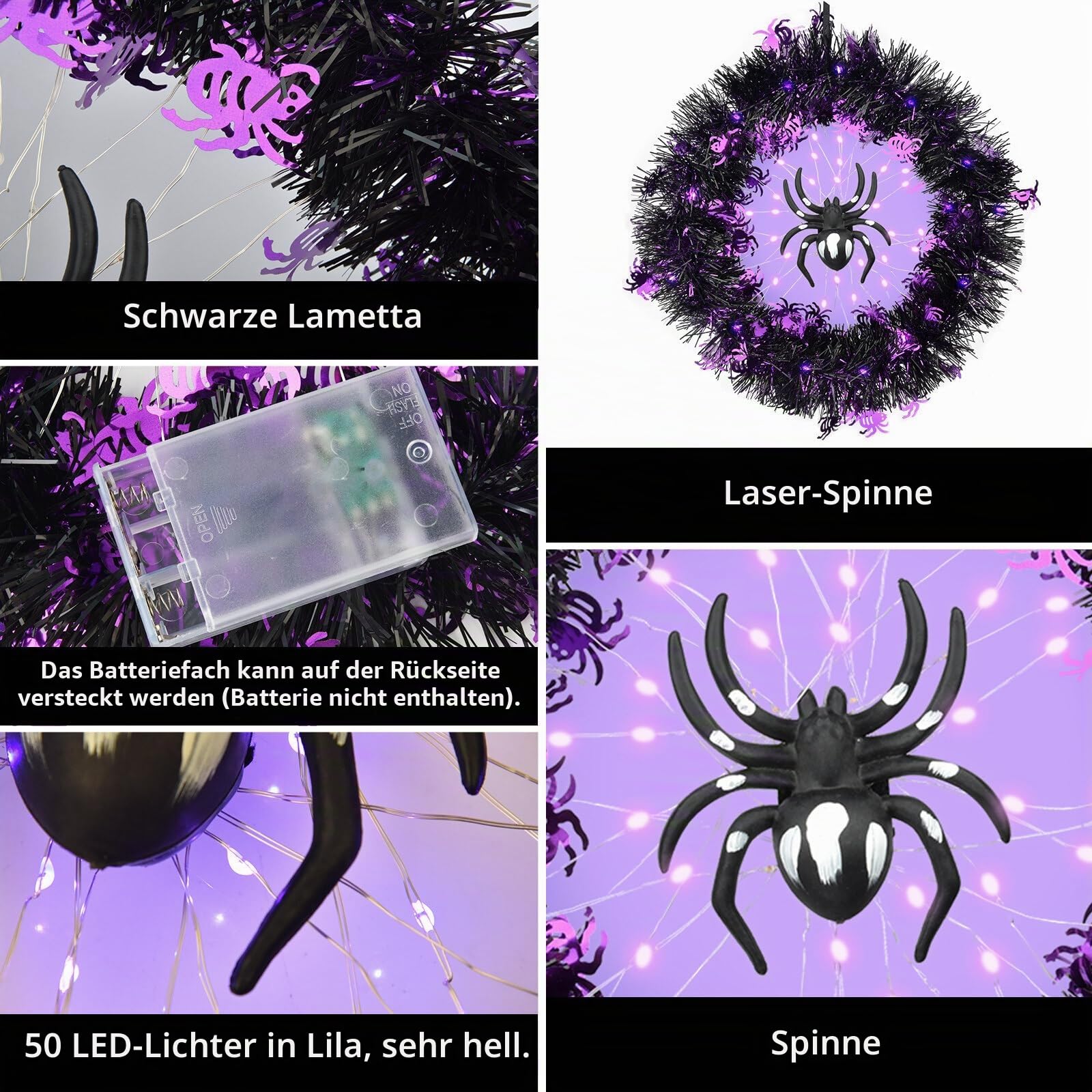 Halloween Türkranz mit Lichtern, künstliche Spinne Girlande Halloween Deko mit violetten Lichtern Halloween Dekorationen für Außen Innen Wand Atmosphere Decoration LED