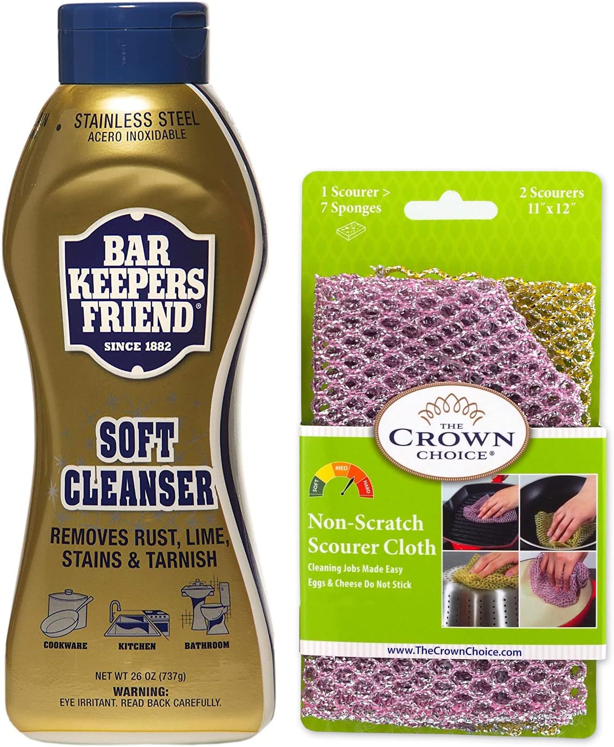 Bar Keepers Friend Soft Cleanser and Non Scratch Heavy Duty Scouring cloth - Best Pot Cleaner Scrubbing Set - Multipurpose, Stainless Steel, Rust, Made in USA & Korea