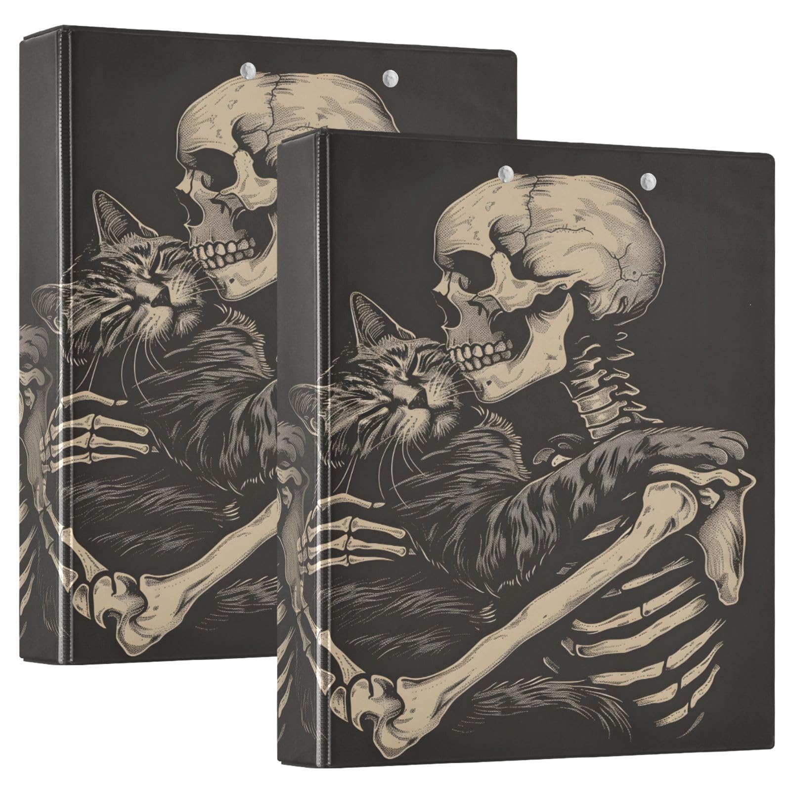 Funny Cat Skeleton Skull Black 3 Ring Binder with 2 Interior Pockets 1.5 inch Binders 3 Ring Heavy Duty Fit 8.5" x 11" Letter Size for Office School, 2 Pack
