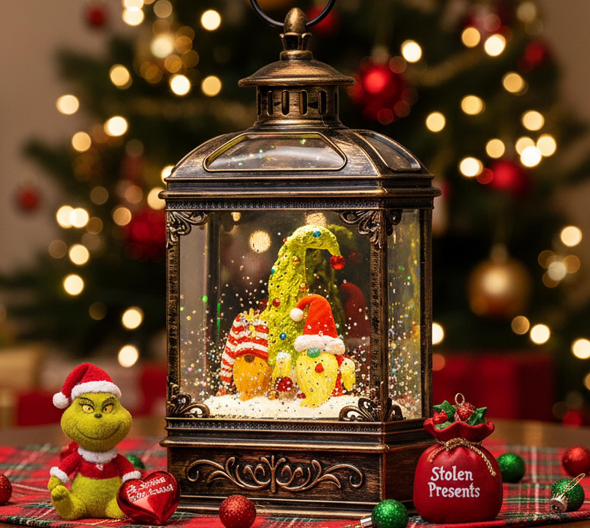 Christmas Snow Globe Lantern Water Glittering Gnomes Scandinavian Santa Elf with Whimsical Christmas Tree, Lighted Lantern for Christmas Festival Decoration Gifts