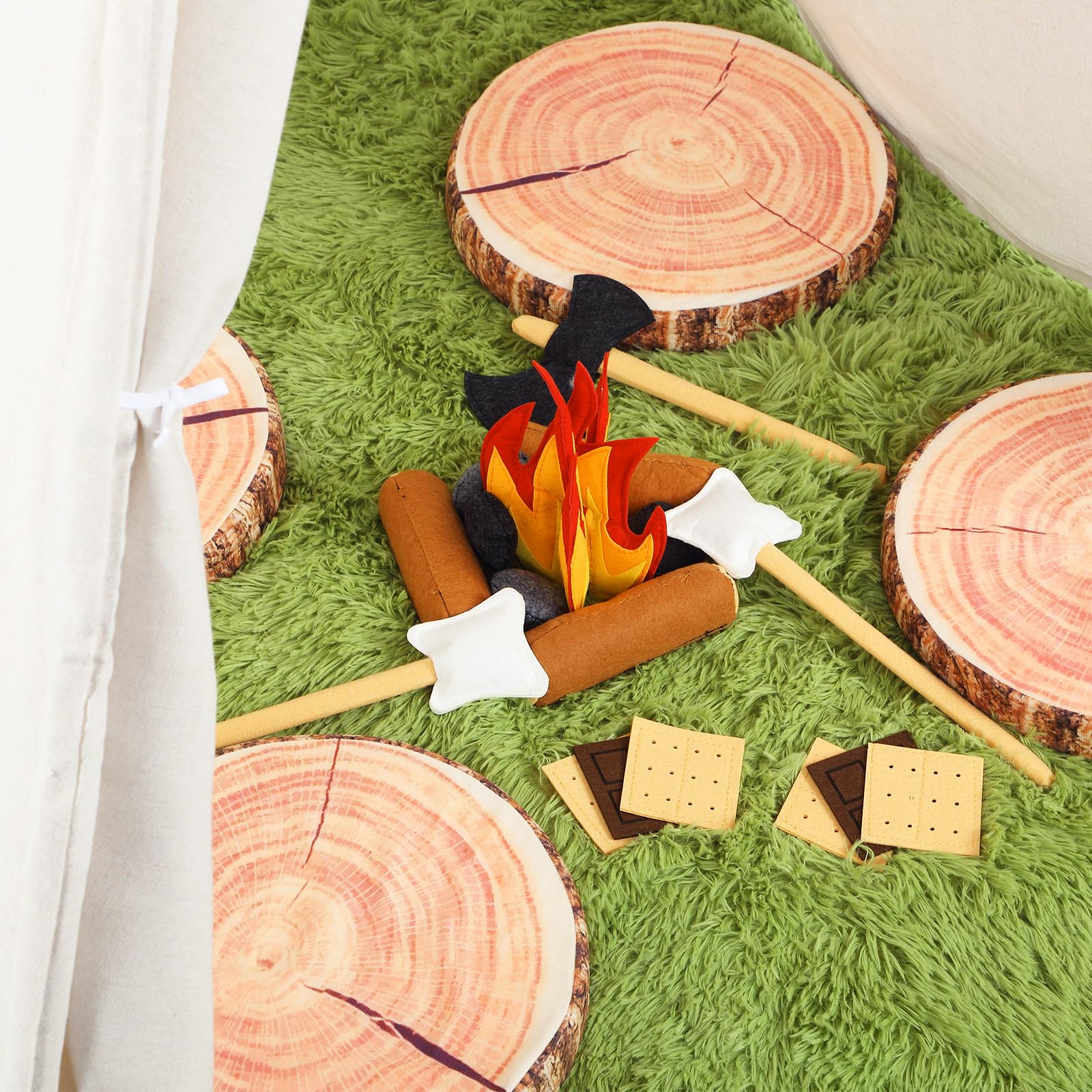 Kigley 27 Pcs Pretend Camping Play Set Includes Kid Teepee Beige Indoor Play Tent Felt Campfire Toys Wooden Print Throw Pillow Floor Cushion Fluffy Carpets for Boy Girl Adult Dramatic Play Decoration - Image 6