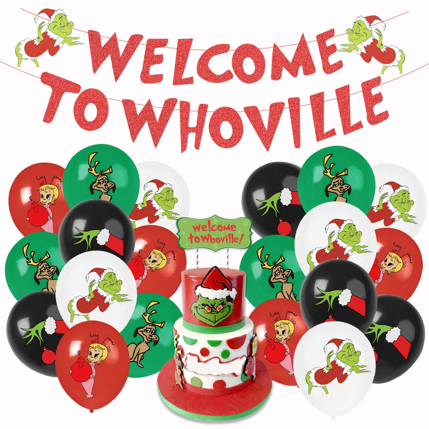 Welcome to Whoville Christmas Decorations, Grinch Christmas Party Decorations Include Welcome to Whoville Banner, Cake Topper and Grinch Balloons, Merry Grinchmas Birthday Party Decorations