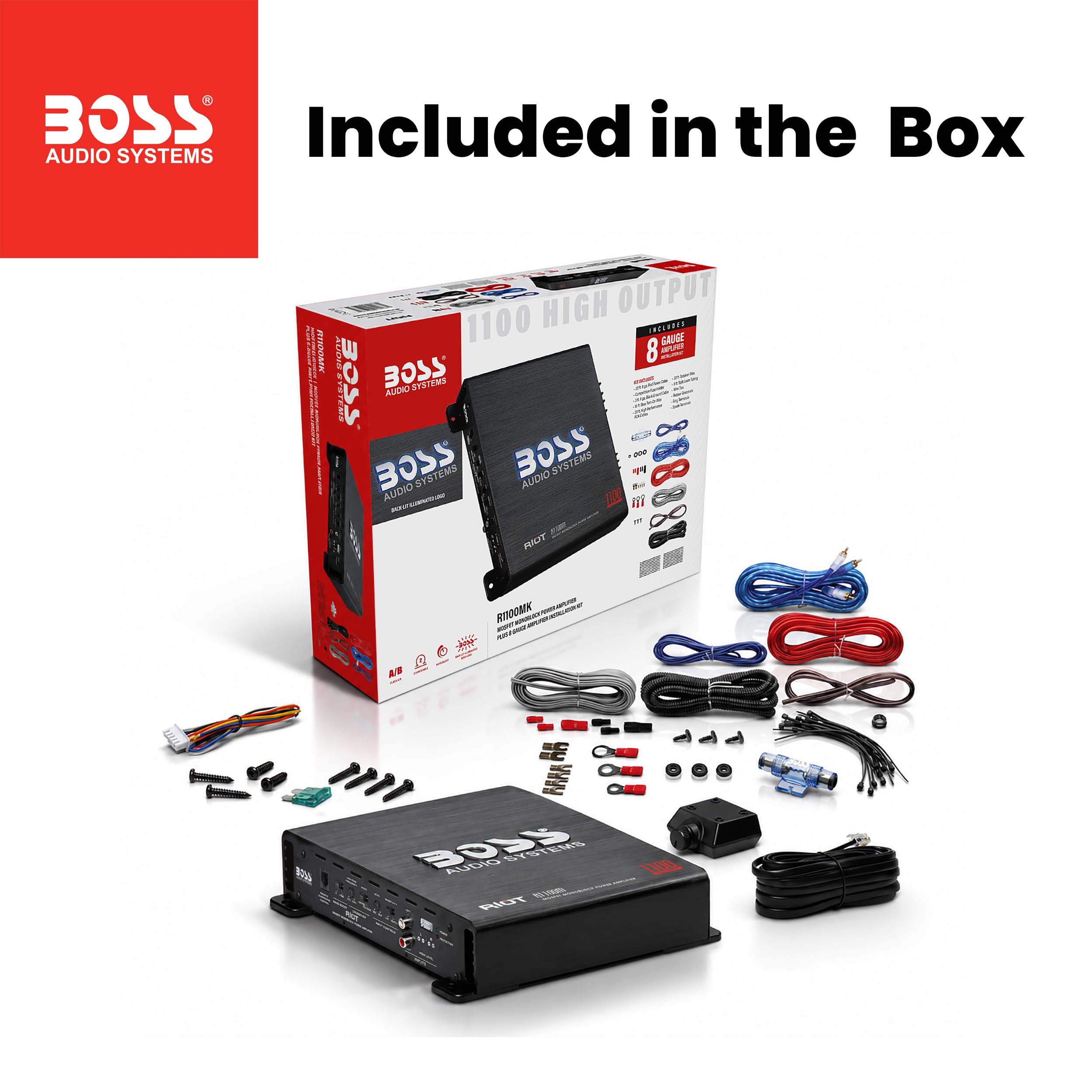 BOSS Audio Systems R1100MK - Amplificatore per auto e kit di cablaggio da 8 gauge, potenza massima 1100 Watt, stabile 2-4 Ohm, classe A/B, monoblocco, alimentatore Mosfet, controllo remoto del