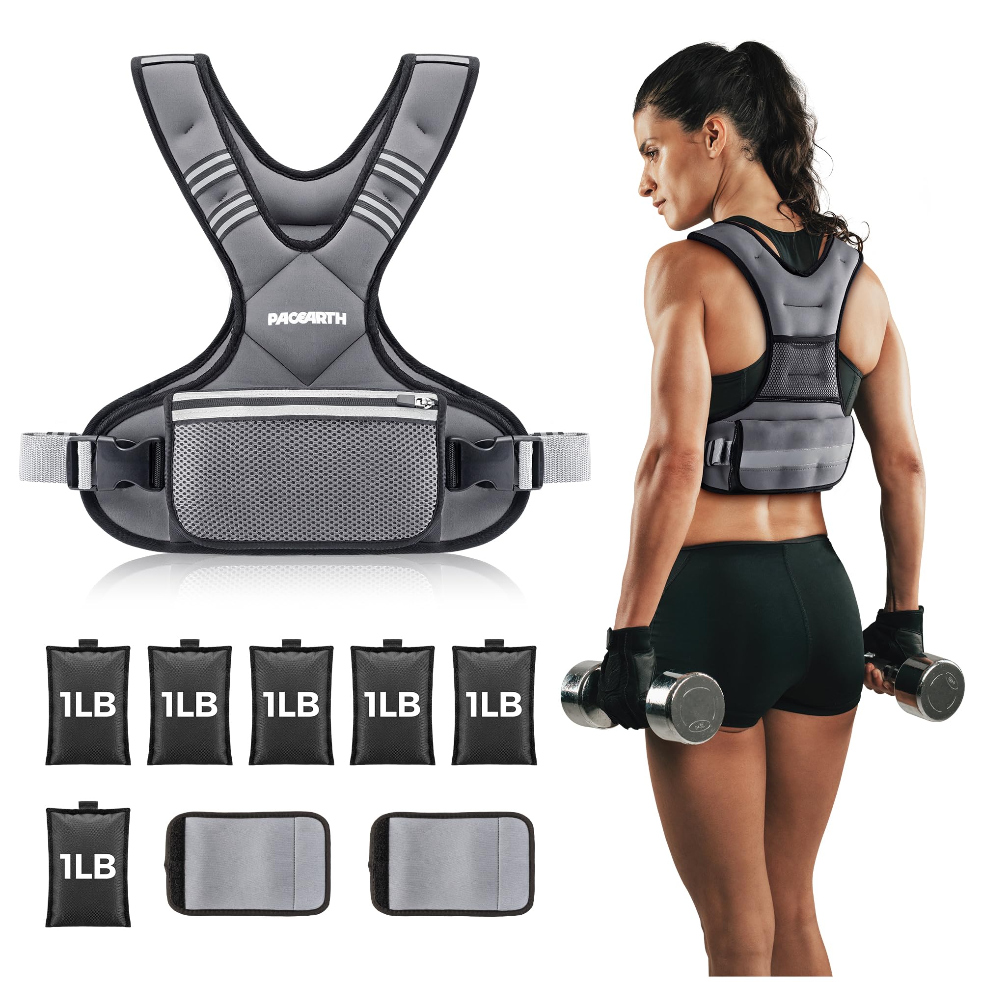 PACEARTH Adjustable Weight Vest 4-10lbs / 11-20lbs / 20-32lbs X-Shape Weighted Vest for Women and Men, Home Workout Ironsand Vest with Zipper Pouch and 6 Weight Packs, Available in Pink, Gray, Black