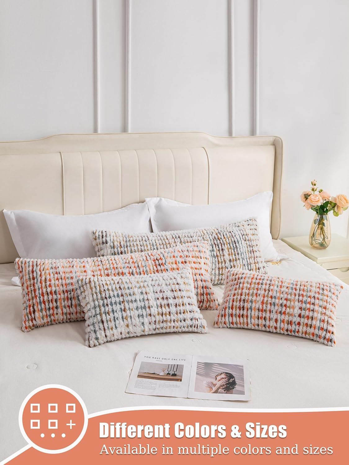 Decorative Boho Orange Lumbar Pillow Covers 1 Pack 14x36 Inch Farmhouse Tufted Long Accent Body Pillow Covers for Bed, Neutral Fluffy Boho Throw Pillowcase for Couch Bedroom, Sofa Home Décor