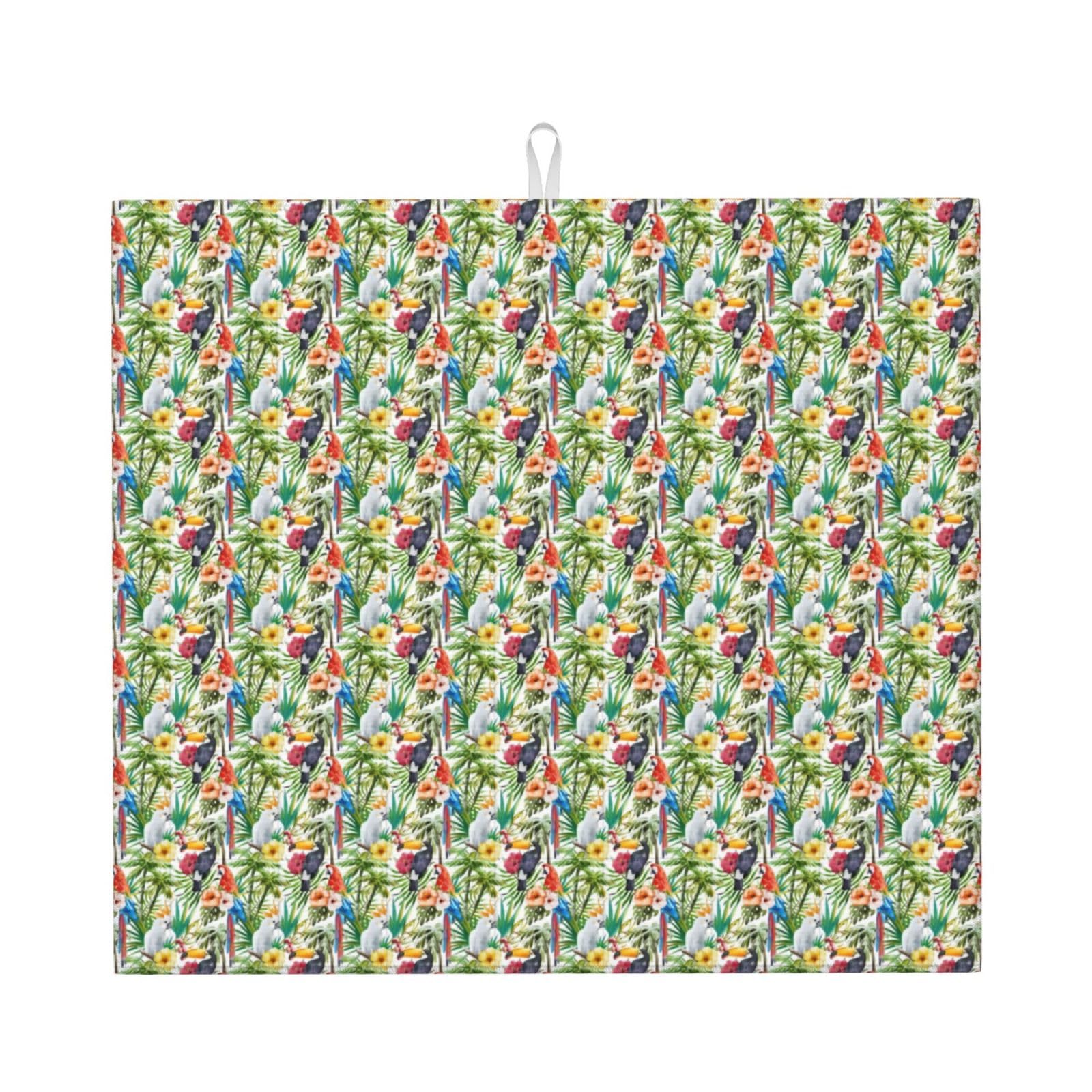 Yyhhaofa Black Toucans Parrot Palm Tree Leaves Prints Kitchen Drying Mat – Absorbent Dish Throw For Countertops, Non-Slip Quick-Dry Layer With Stylish Prints