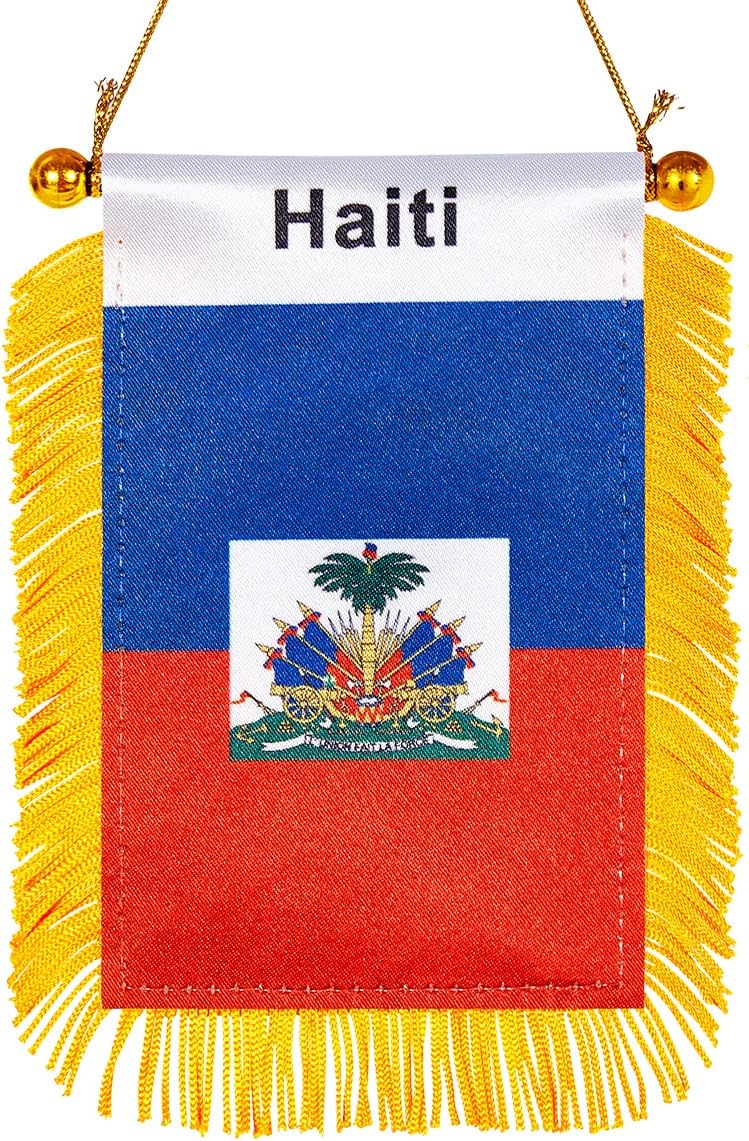WXTWK 3 X 5 Inch Haiti Flag Haitian Window Hanging Flag Small Mini Car Flags Banners Rearview Mirror Decoration With Suction Cup Golden Fringy Banner