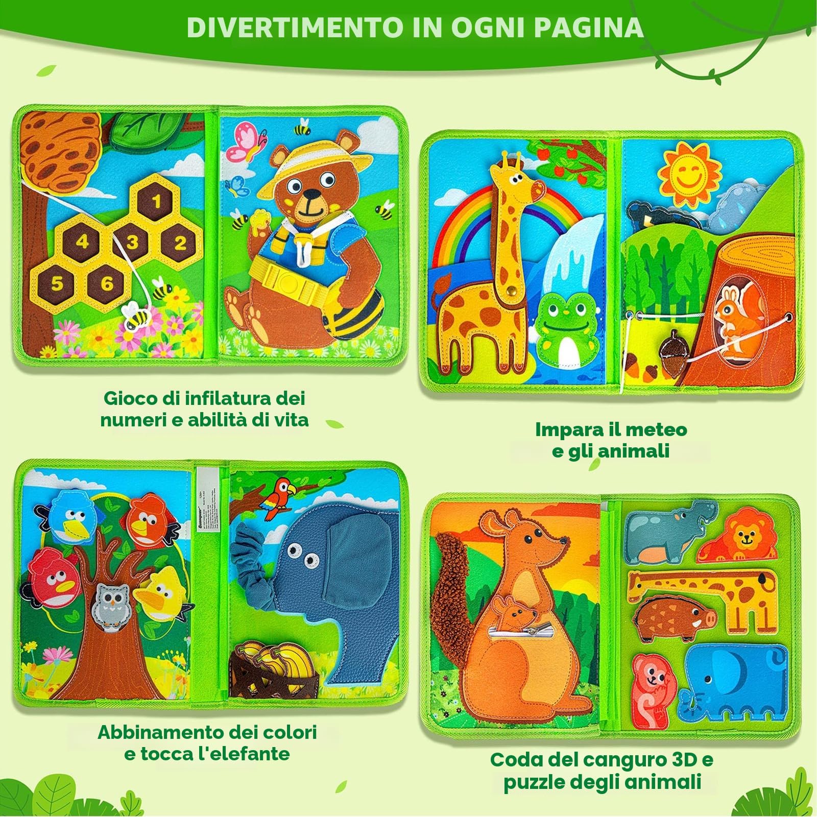 Quanquer Animal Busy Board Montessori Giocattoli per Neonati 1 2 3 Anni - Activity Book per Neonati Ragazzi Ragazze Regalo di Compleanno con Scatola Regalo - Aereo Auto Viaggio Quiet Book Giocattolo