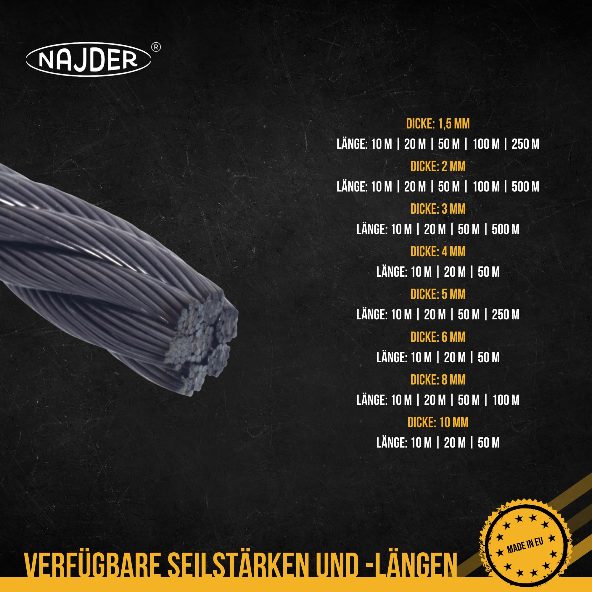 NAJDER - Stahlseil - Edelstahlseil - Gewebtes Stahlseil 7x19 - Zugfestes Seil 1570 N/mm2 - Säurebeständiges Stahlseil - Spannseil - Balustradenseil - Durchmesser 1,5mm - 250 Meter