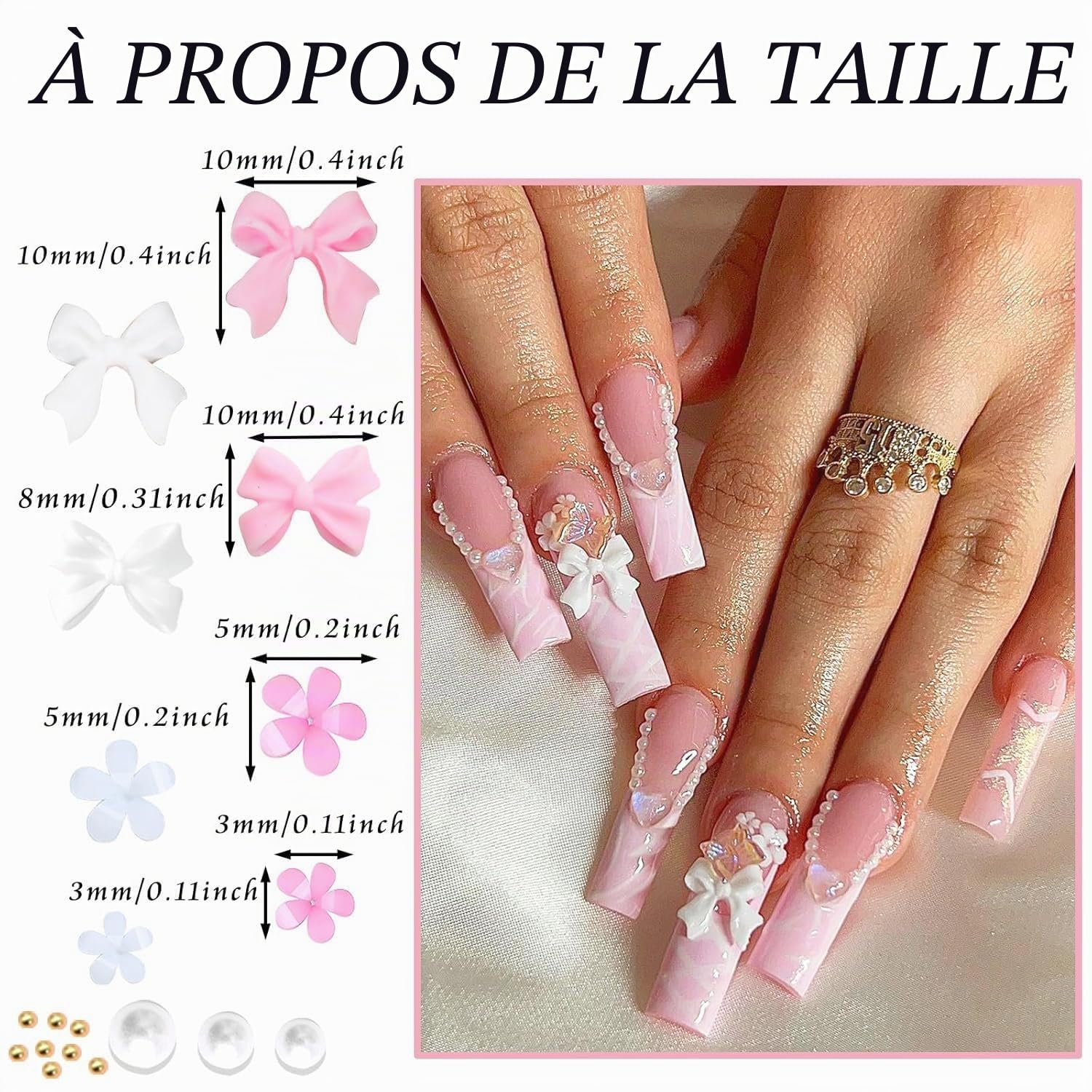 Lot de 2 boîtes de breloques pour ongles 3D (nœud, fleur, demi-perle), fleurs roses pailletées et nœuds, accessoires décoratifs pour manucure et loisirs créatifs